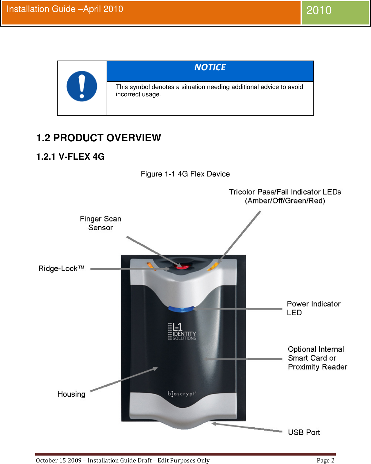  October 15 2009 – Installation Guide Draft – Edit Purposes Only  Page 2  Installation Guide –April 2010 2010    NOTICE This symbol denotes a situation needing additional advice to avoid incorrect usage.   1.2 PRODUCT OVERVIEW 1.2.1 V-FLEX 4G Figure 1-1 4G Flex Device  