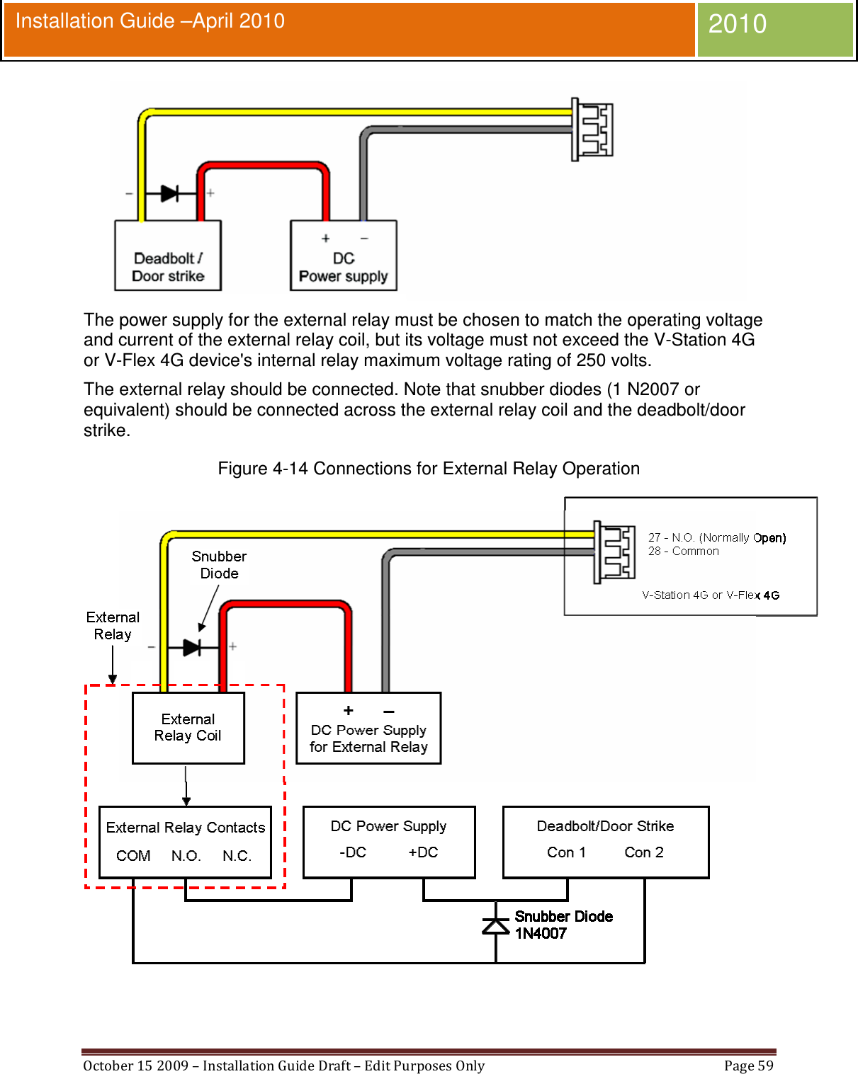  October 15 2009 – Installation Guide Draft – Edit Purposes Only  Page 59  Installation Guide –April 2010 2010  The power supply for the external relay must be chosen to match the operating voltage and current of the external relay coil, but its voltage must not exceed the V-Station 4G or V-Flex 4G device&apos;s internal relay maximum voltage rating of 250 volts. The external relay should be connected. Note that snubber diodes (1 N2007 or equivalent) should be connected across the external relay coil and the deadbolt/door strike. Figure 4-14 Connections for External Relay Operation  