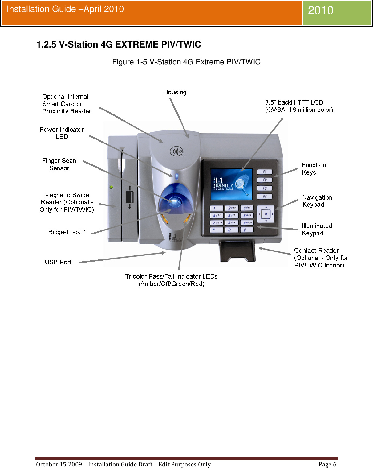  October 15 2009 – Installation Guide Draft – Edit Purposes Only  Page 6  Installation Guide –April 2010 2010 1.2.5 V-Station 4G EXTREME PIV/TWIC  Figure 1-5 V-Station 4G Extreme PIV/TWIC             