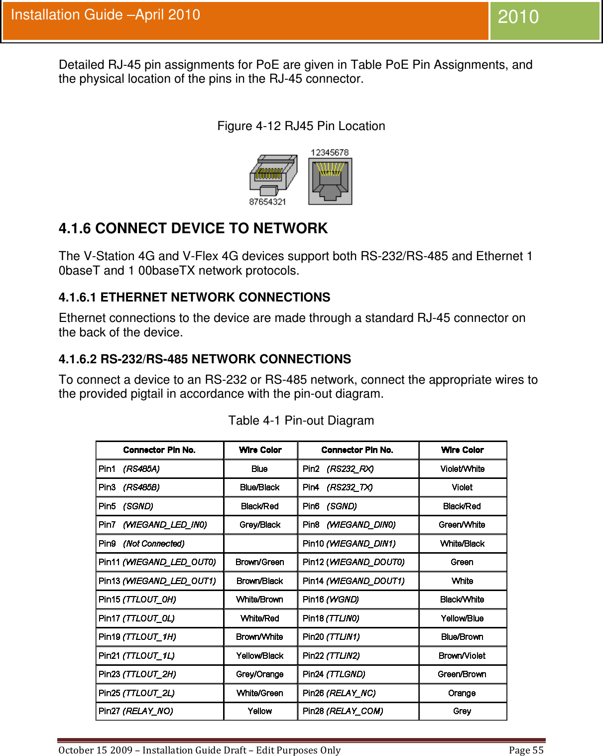  October 15 2009 – Installation Guide Draft – Edit Purposes Only  Page 55  Installation Guide –April 2010 2010 Detailed RJ-45 pin assignments for PoE are given in Table PoE Pin Assignments, and the physical location of the pins in the RJ-45 connector.  Figure 4-12 RJ45 Pin Location  4.1.6 CONNECT DEVICE TO NETWORK The V-Station 4G and V-Flex 4G devices support both RS-232/RS-485 and Ethernet 1 0baseT and 1 00baseTX network protocols. 4.1.6.1 ETHERNET NETWORK CONNECTIONS Ethernet connections to the device are made through a standard RJ-45 connector on the back of the device. 4.1.6.2 RS-232/RS-485 NETWORK CONNECTIONS To connect a device to an RS-232 or RS-485 network, connect the appropriate wires to the provided pigtail in accordance with the pin-out diagram. Table 4-1 Pin-out Diagram  