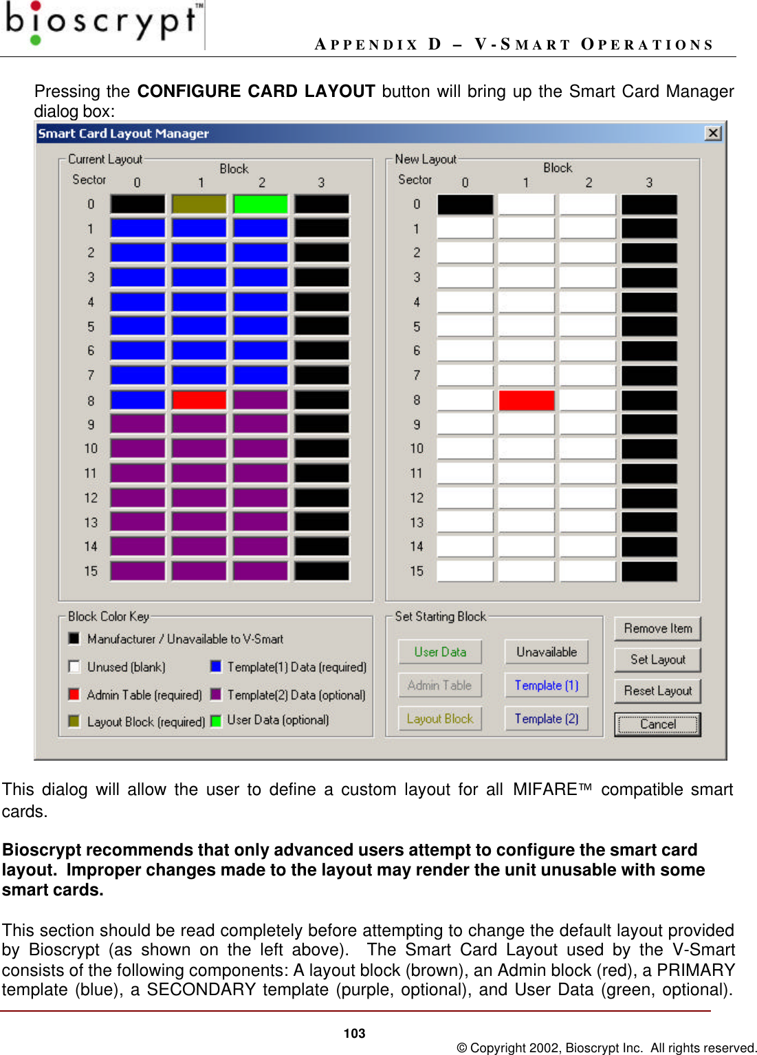 APPENDIX D – V-SMART OPERATIONS103 © Copyright 2002, Bioscrypt Inc.  All rights reserved.Pressing the CONFIGURE CARD LAYOUT button will bring up the Smart Card Managerdialog box:This dialog will allow the user to define a custom layout for all MIFARE compatible smartcards.Bioscrypt recommends that only advanced users attempt to configure the smart cardlayout.  Improper changes made to the layout may render the unit unusable with somesmart cards.This section should be read completely before attempting to change the default layout providedby Bioscrypt (as shown on the left above).  The Smart Card Layout used by the V-Smartconsists of the following components: A layout block (brown), an Admin block (red), a PRIMARYtemplate (blue), a SECONDARY template (purple, optional), and User Data (green, optional).