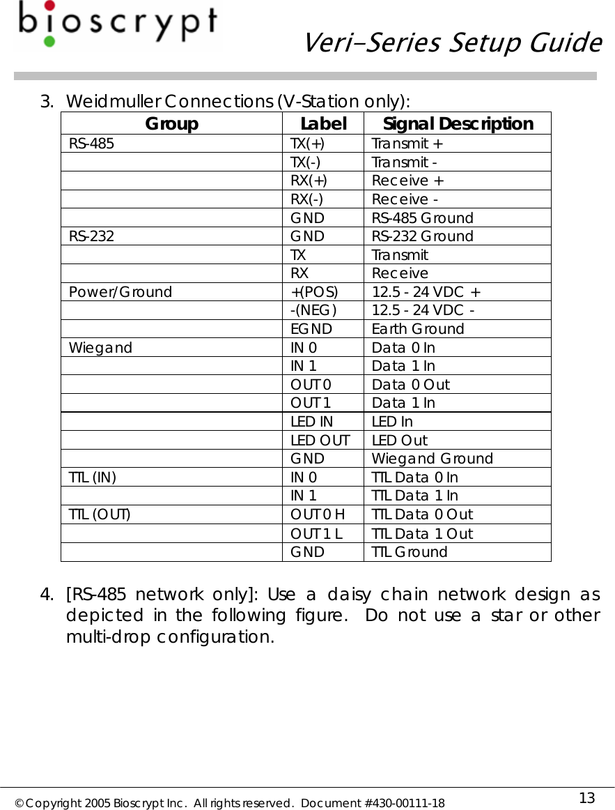   Veri-Series Setup Guide  © Copyright 2005 Bioscrypt Inc.  All rights reserved.  Document #430-00111-18 13 3. Weidmuller Connections (V-Station only): Group Label Signal Description RS-485 TX(+) Transmit +  TX(-) Transmit -  RX(+) Receive +  RX(-) Receive -  GND RS-485 Ground RS-232 GND RS-232 Ground  TX Transmit  RX Receive Power/Ground  +(POS)  12.5 - 24 VDC +    -(NEG)  12.5 - 24 VDC -  EGND Earth Ground Wiegand  IN 0  Data 0 In   IN 1  Data 1 In   OUT 0  Data 0 Out   OUT 1  Data 1 In   LED IN  LED In   LED OUT  LED Out  GND Wiegand Ground TTL (IN)  IN 0  TTL Data 0 In   IN 1  TTL Data 1 In TTL (OUT)  OUT 0 H  TTL Data 0 Out   OUT 1 L  TTL Data 1 Out  GND TTL Ground  4. [RS-485 network only]: Use a daisy chain network design as depicted in the following figure.  Do not use a star or other multi-drop configuration. 