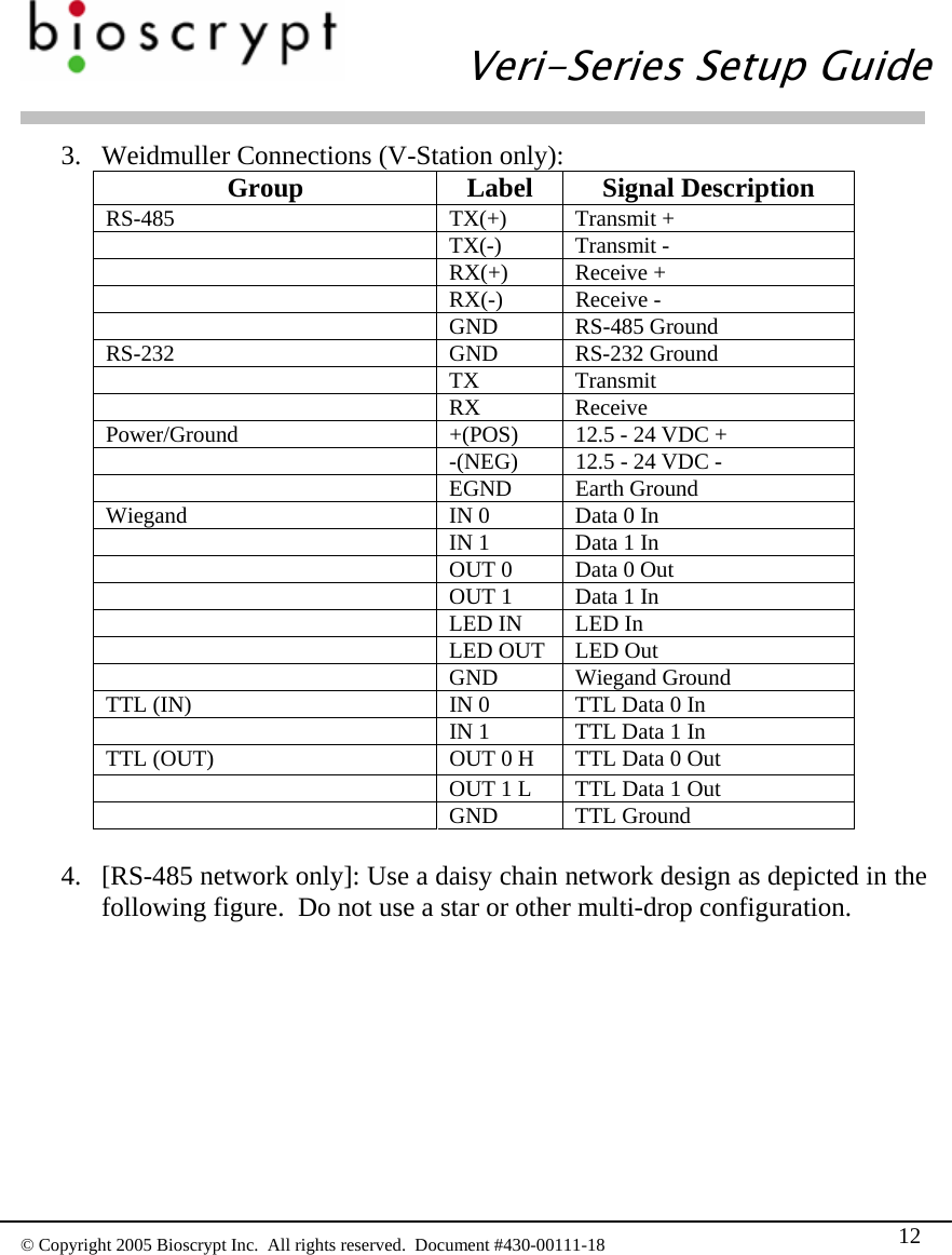   Veri-Series Setup Guide  © Copyright 2005 Bioscrypt Inc.  All rights reserved.  Document #430-00111-18 12 3. Weidmuller Connections (V-Station only): Group Label Signal Description RS-485 TX(+) Transmit +  TX(-) Transmit -  RX(+) Receive +  RX(-) Receive -  GND RS-485 Ground RS-232 GND RS-232 Ground  TX Transmit  RX Receive Power/Ground  +(POS)  12.5 - 24 VDC +    -(NEG)  12.5 - 24 VDC -  EGND Earth Ground Wiegand  IN 0  Data 0 In   IN 1  Data 1 In   OUT 0  Data 0 Out   OUT 1  Data 1 In   LED IN  LED In   LED OUT  LED Out  GND Wiegand Ground TTL (IN)  IN 0  TTL Data 0 In   IN 1  TTL Data 1 In TTL (OUT)  OUT 0 H  TTL Data 0 Out   OUT 1 L  TTL Data 1 Out  GND TTL Ground  4. [RS-485 network only]: Use a daisy chain network design as depicted in the following figure.  Do not use a star or other multi-drop configuration. 