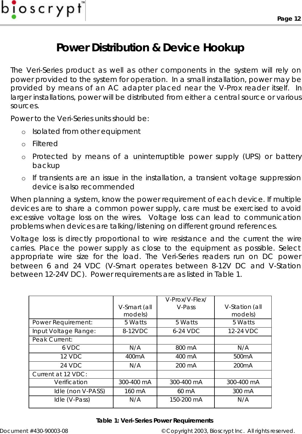 Page 12Document #430-90003-08 © Copyright 2003, Bioscrypt Inc.  All rights reserved.Power Distribution &amp; Device HookupThe Veri-Series product as well as other components in the system will rely onpower provided to the system for operation.  In a small installation, power may beprovided by means of an AC adapter placed near the V-Prox reader itself.  Inlarger installations, power will be distributed from either a central source or varioussources.Power to the Veri-Series units should be:o Isolated from other equipmento Filteredo Protected by means of a uninterruptible power supply (UPS) or batterybackupo If transients are an issue in the installation, a transient voltage suppressiondevice is also recommendedWhen planning a system, know the power requirement of each device. If multipledevices are to share a common power supply, care must be exercised to avoidexcessive voltage loss on the wires.  Voltage loss can lead to communicationproblems when devices are talking/listening on different ground references.Voltage loss is directly proportional to wire resistance and the current the wirecarries. Place the power supply as close to the equipment as possible. Selectappropriate wire size for the load. The Veri-Series readers run on DC powerbetween 6 and 24 VDC (V-Smart operates between 8-12V DC and V-Stationbetween 12-24V DC).  Power requirements are as listed in Table 1.V-Smart (allmodels)V-Prox/V-Flex/V-Pass V-Station (allmodels)Power Requirement: 5 Watts 5 Watts 5 WattsInput Voltage Range: 8-12VDC 6-24 VDC 12-24 VDCPeak Current:6 VDC N/A 800 mA N/A12 VDC 400mA 400 mA 500mA24 VDC N/A 200 mA 200mACurrent at 12 VDC:Verification 300-400 mA 300-400 mA 300-400 mAIdle (non V-PASS) 160 mA 60 mA 300 mAIdle (V-Pass) N/A 150-200 mA N/ATable 1: Veri-Series Power Requirements