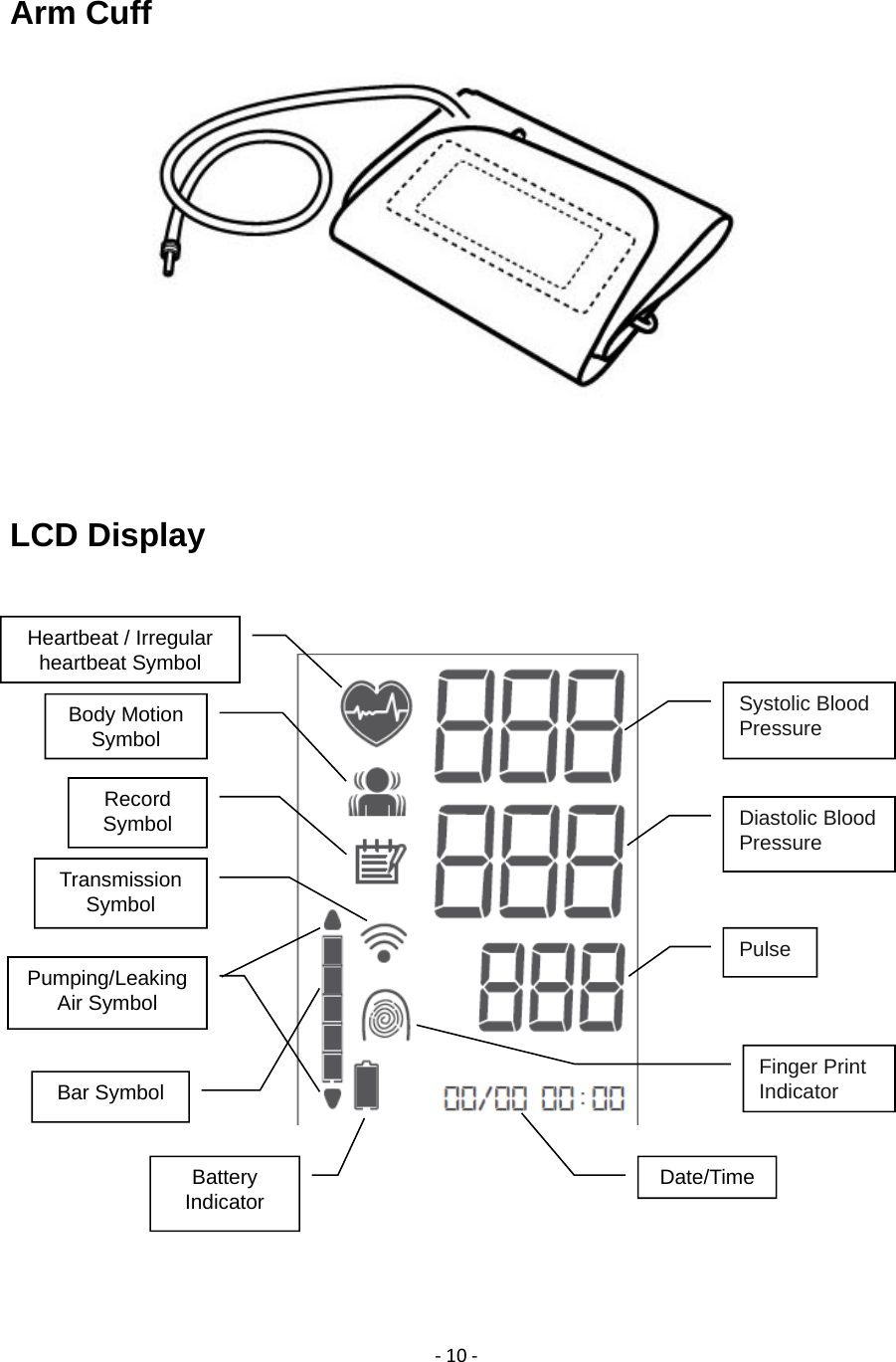 ‐10‐Arm Cuff   LCD Display            Date/Time  Record Symbol Battery Indicator Body Motion Symbol Pumping/Leaking  Air Symbol Heartbeat / Irregular heartbeat Symbol Pulse   Diastolic Blood Pressure Systolic Blood Pressure Transmission Symbol Finger Print Indicator Bar Symbol 