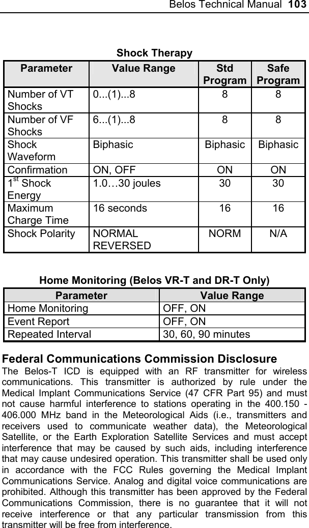 Belos Technical Manual  103  Shock Therapy Parameter  Value Range  Std ProgramSafe Program Number of VT Shocks 0...(1)...8 8 8 Number of VF Shocks 6...(1)...8 8 8 Shock Waveform Biphasic   Biphasic  Biphasic Confirmation ON, OFF  ON  ON 1st Shock Energy 1.0…30 joules  30  30 Maximum Charge Time 16 seconds  16  16 Shock Polarity  NORMAL REVERSED NORM N/A   Home Monitoring (Belos VR-T and DR-T Only) Parameter  Value Range Home Monitoring  OFF, ON Event Report  OFF, ON Repeated Interval  30, 60, 90 minutes  Federal Communications Commission Disclosure The Belos-T ICD is equipped with an RF transmitter for wireless communications. This transmitter is authorized by rule under the Medical Implant Communications Service (47 CFR Part 95) and must not cause harmful interference to stations operating in the 400.150 - 406.000 MHz band in the Meteorological Aids (i.e., transmitters and receivers used to communicate weather data), the Meteorological Satellite, or the Earth Exploration Satellite Services and must accept interference that may be caused by such aids, including interference that may cause undesired operation. This transmitter shall be used only in accordance with the FCC Rules governing the Medical Implant Communications Service. Analog and digital voice communications are prohibited. Although this transmitter has been approved by the Federal Communications Commission, there is no guarantee that it will not receive interference or that any particular transmission from this transmitter will be free from interference.  