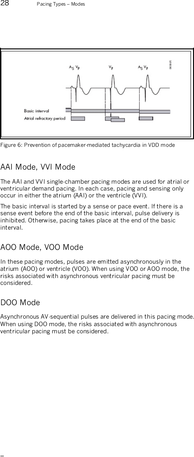       28  Pacing Types – Modes    Figure 6: Prevention of pacemaker-mediated tachycardia in VDD mode   AAI Mode, VVI Mode The AAI and VVI single-chamber pacing modes are used for atrial or ventricular demand pacing. In each case, pacing and sensing only occur in either the atrium (AAI) or the ventricle (VVI). The basic interval is started by a sense or pace event. If there is a sense event before the end of the basic interval, pulse delivery is inhibited. Otherwise, pacing takes place at the end of the basic interval. AOO Mode, VOO Mode In these pacing modes, pulses are emitted asynchronously in the atrium (AOO) or ventricle (VOO). When using VOO or AOO mode, the risks associated with asynchronous ventricular pacing must be considered. DOO Mode Asynchronous AV-sequential pulses are delivered in this pacing mode. When using DOO mode, the risks associated with asynchronous ventricular pacing must be considered. 