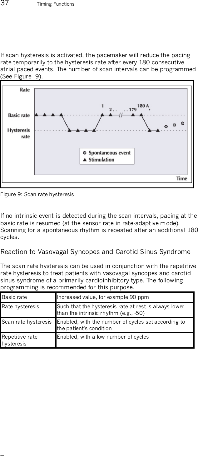       37 Timing Functions   If scan hysteresis is activated, the pacemaker will reduce the pacing rate temporarily to the hysteresis rate after every 180 consecutive atrial paced events. The number of scan intervals can be programmed (See Figure  9).  Figure 9: Scan rate hysteresis   If no intrinsic event is detected during the scan intervals, pacing at the basic rate is resumed (at the sensor rate in rate-adaptive mode). Scanning for a spontaneous rhythm is repeated after an additional 180 cycles. Reaction to Vasovagal Syncopes and Carotid Sinus Syndrome The scan rate hysteresis can be used in conjunction with the repetitive rate hysteresis to treat patients with vasovagal syncopes and carotid sinus syndrome of a primarily cardioinhibitory type. The following programming is recommended for this purpose. Basic rate  Increased value, for example 90 ppm Rate hysteresis  Such that the hysteresis rate at rest is always lower than the intrinsic rhythm (e.g., -50) Scan rate hysteresis  Enabled, with the number of cycles set according to the patient&apos;s condition Repetitive rate hysteresis Enabled, with a low number of cycles  