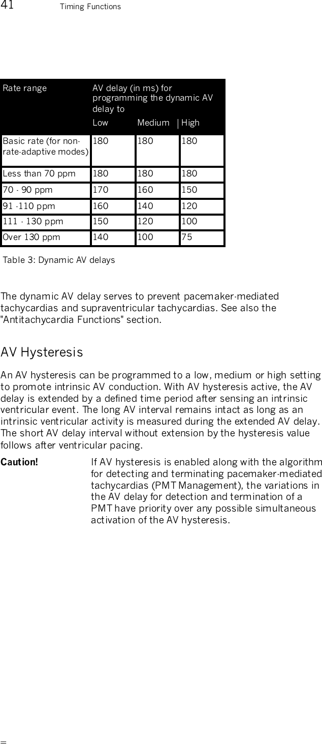       41 Timing Functions   Rate range  AV delay (in ms) for programming the dynamic AV delay to  Low  Medium  High Basic rate (for non-rate-adaptive modes) 180  180  180 Less than 70 ppm  180  180  180 70 - 90 ppm  170  160  150 91 -110 ppm  160  140  120 111 - 130 ppm  150  120  100 Over 130 ppm  140  100  75 Table 3: Dynamic AV delays   The dynamic AV delay serves to prevent pacemaker-mediated tachycardias and supraventricular tachycardias. See also the &quot;Antitachycardia Functions&quot; section. AV Hysteresis An AV hysteresis can be programmed to a low, medium or high setting to promote intrinsic AV conduction. With AV hysteresis active, the AV delay is extended by a defined time period after sensing an intrinsic ventricular event. The long AV interval remains intact as long as an intrinsic ventricular activity is measured during the extended AV delay. The short AV delay interval without extension by the hysteresis value follows after ventricular pacing. Caution!   If AV hysteresis is enabled along with the algorithm for detecting and terminating pacemaker-mediated tachycardias (PMT Management), the variations in the AV delay for detection and termination of a PMT have priority over any possible simultaneous activation of the AV hysteresis.  