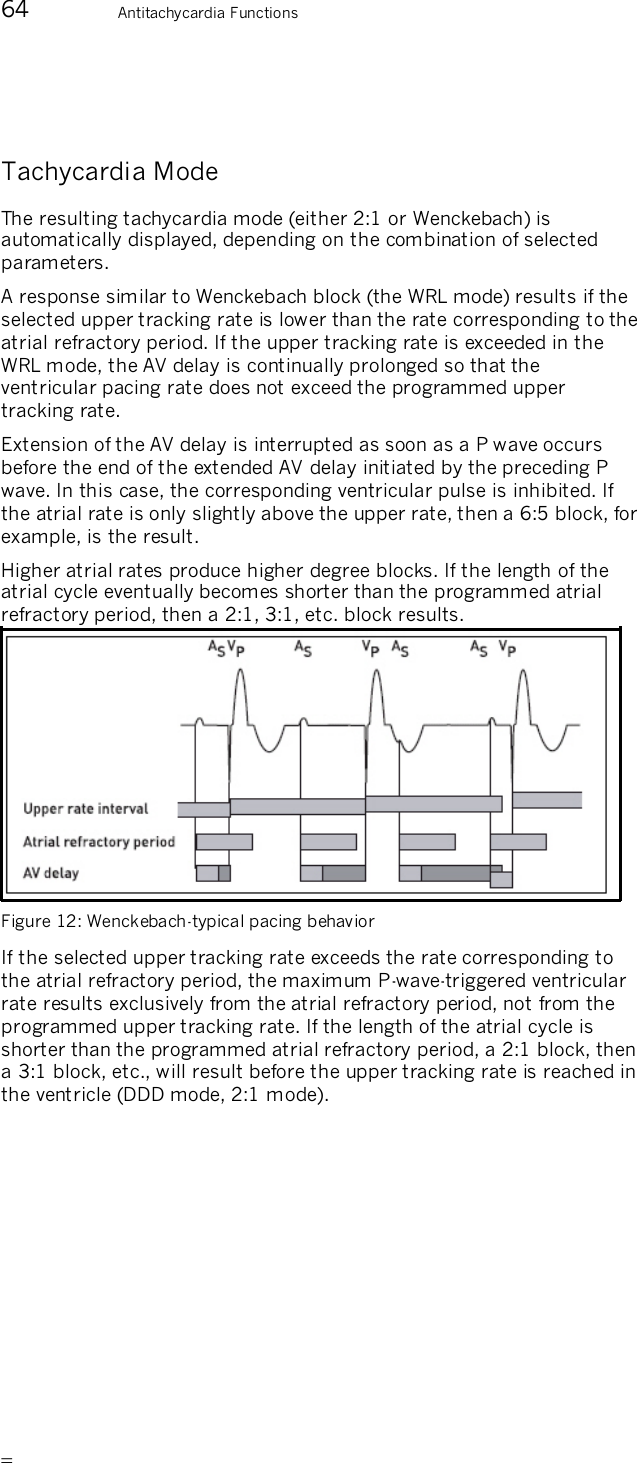       64  Antitachycardia Functions  Tachycardia Mode The resulting tachycardia mode (either 2:1 or Wenckebach) is automatically displayed, depending on the combination of selected parameters. A response similar to Wenckebach block (the WRL mode) results if the selected upper tracking rate is lower than the rate corresponding to the atrial refractory period. If the upper tracking rate is exceeded in the WRL mode, the AV delay is continually prolonged so that the ventricular pacing rate does not exceed the programmed upper tracking rate.  Extension of the AV delay is interrupted as soon as a P wave occurs before the end of the extended AV delay initiated by the preceding P wave. In this case, the corresponding ventricular pulse is inhibited. If the atrial rate is only slightly above the upper rate, then a 6:5 block, for example, is the result.  Higher atrial rates produce higher degree blocks. If the length of the atrial cycle eventually becomes shorter than the programmed atrial refractory period, then a 2:1, 3:1, etc. block results.  Figure 12: Wenckebach-typical pacing behavior  If the selected upper tracking rate exceeds the rate corresponding to the atrial refractory period, the maximum P-wave-triggered ventricular rate results exclusively from the atrial refractory period, not from the programmed upper tracking rate. If the length of the atrial cycle is shorter than the programmed atrial refractory period, a 2:1 block, then a 3:1 block, etc., will result before the upper tracking rate is reached in the ventricle (DDD mode, 2:1 mode). 