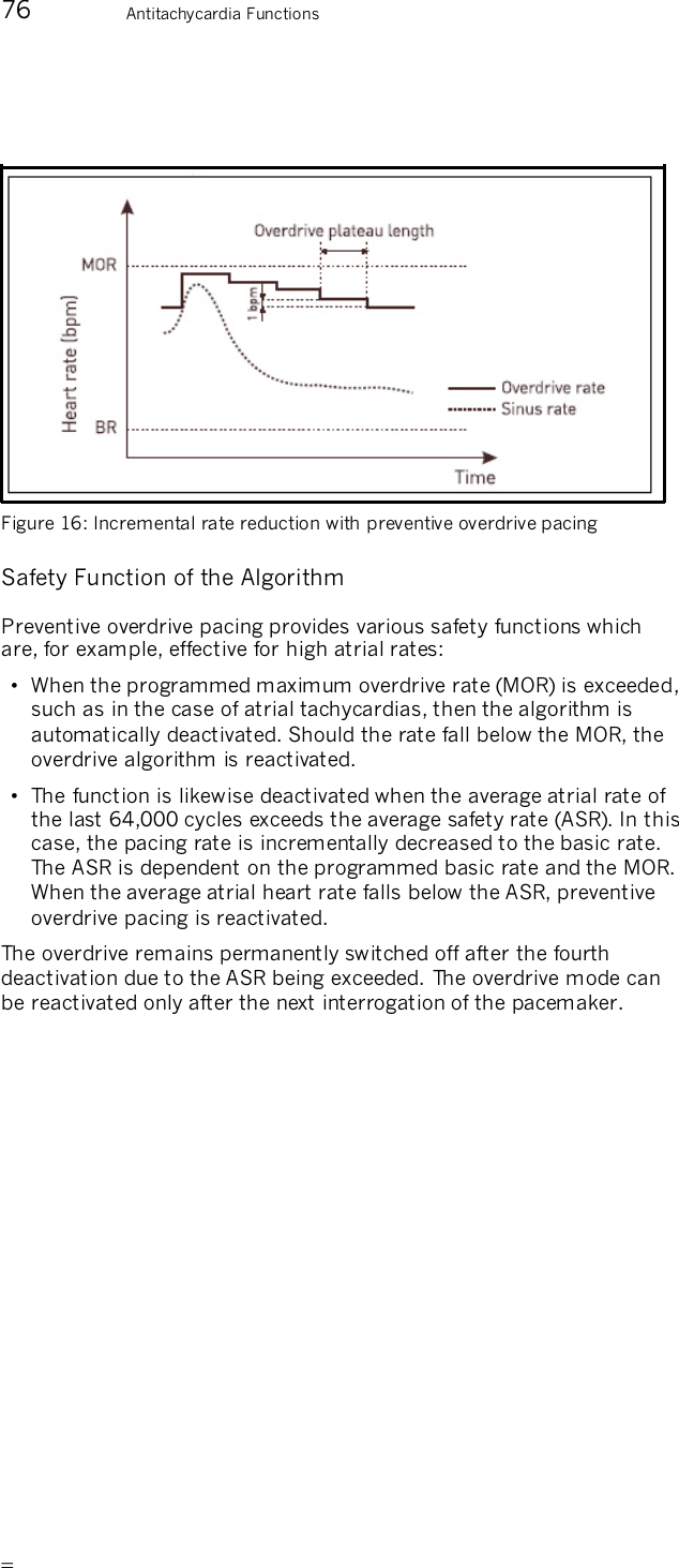       76  Antitachycardia Functions    Figure 16: Incremental rate reduction with preventive overdrive pacing  Safety Function of the Algorithm Preventive overdrive pacing provides various safety functions which are, for example, effective for high atrial rates: •  When the programmed maximum overdrive rate (MOR) is exceeded, such as in the case of atrial tachycardias, then the algorithm is automatically deactivated. Should the rate fall below the MOR, the overdrive algorithm is reactivated. •  The function is likewise deactivated when the average atrial rate of the last 64,000 cycles exceeds the average safety rate (ASR). In this case, the pacing rate is incrementally decreased to the basic rate. The ASR is dependent on the programmed basic rate and the MOR. When the average atrial heart rate falls below the ASR, preventive overdrive pacing is reactivated. The overdrive remains permanently switched off after the fourth deactivation due to the ASR being exceeded.  The overdrive mode can be reactivated only after the next interrogation of the pacemaker. 