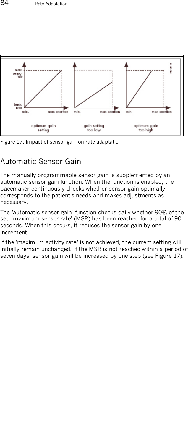       84  Rate Adaptation     Figure 17: Impact of sensor gain on rate adaptation  Automatic Sensor Gain The manually programmable sensor gain is supplemented by an automatic sensor gain function. When the function is enabled, the pacemaker continuously checks whether sensor gain optimally corresponds to the patient&apos;s needs and makes adjustments as necessary. The &quot;automatic sensor gain&quot; function checks daily whether 90% of the set  &quot;maximum sensor rate&quot; (MSR) has been reached for a total of 90 seconds. When this occurs, it reduces the sensor gain by one increment.  If the &quot;maximum activity rate&quot; is not achieved, the current setting will initially remain unchanged. If the MSR is not reached within a period of seven days, sensor gain will be increased by one step (see Figure 17).  