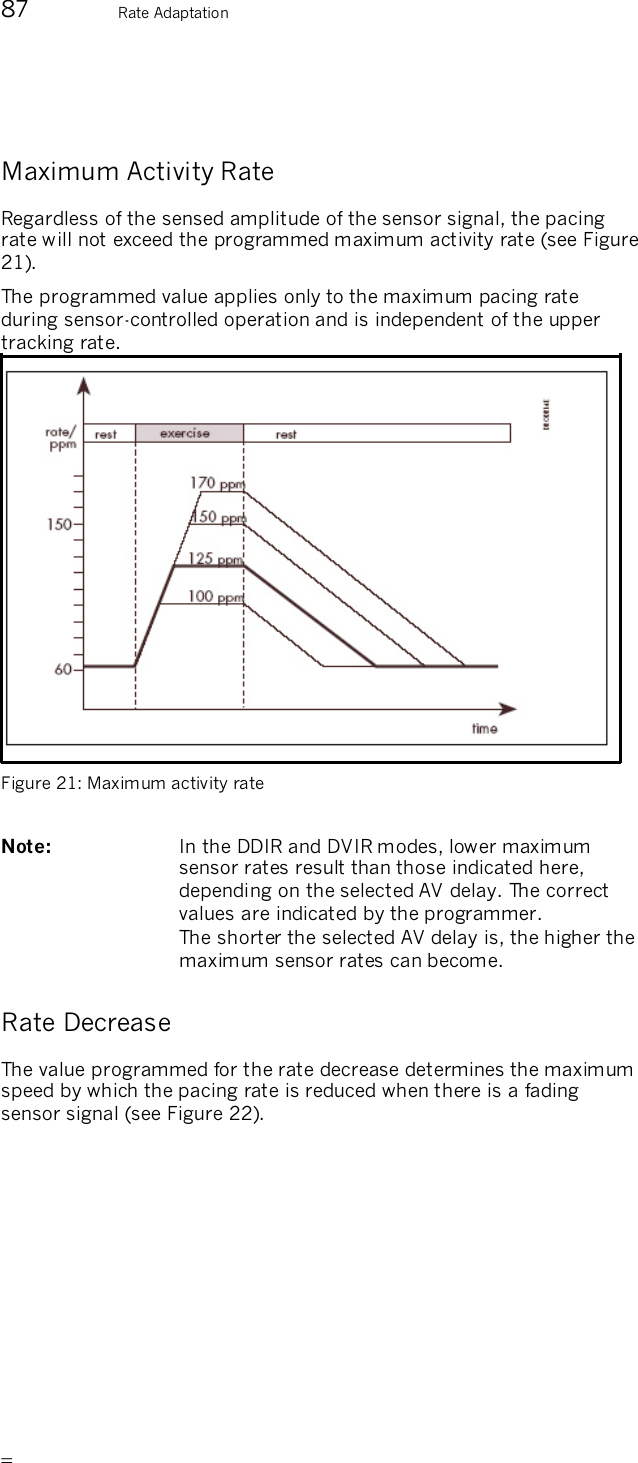       87  Rate Adaptation  Maximum Activity Rate Regardless of the sensed amplitude of the sensor signal, the pacing rate will not exceed the programmed maximum activity rate (see Figure 21). The programmed value applies only to the maximum pacing rate during sensor-controlled operation and is independent of the upper tracking rate.  Figure 21: Maximum activity rate   Note:   In the DDIR and DVIR modes, lower maximum sensor rates result than those indicated here, depending on the selected AV delay. The correct values are indicated by the programmer. The shorter the selected AV delay is, the higher the maximum sensor rates can become. Rate Decrease The value programmed for the rate decrease determines the maximum speed by which the pacing rate is reduced when there is a fading sensor signal (see Figure 22).  