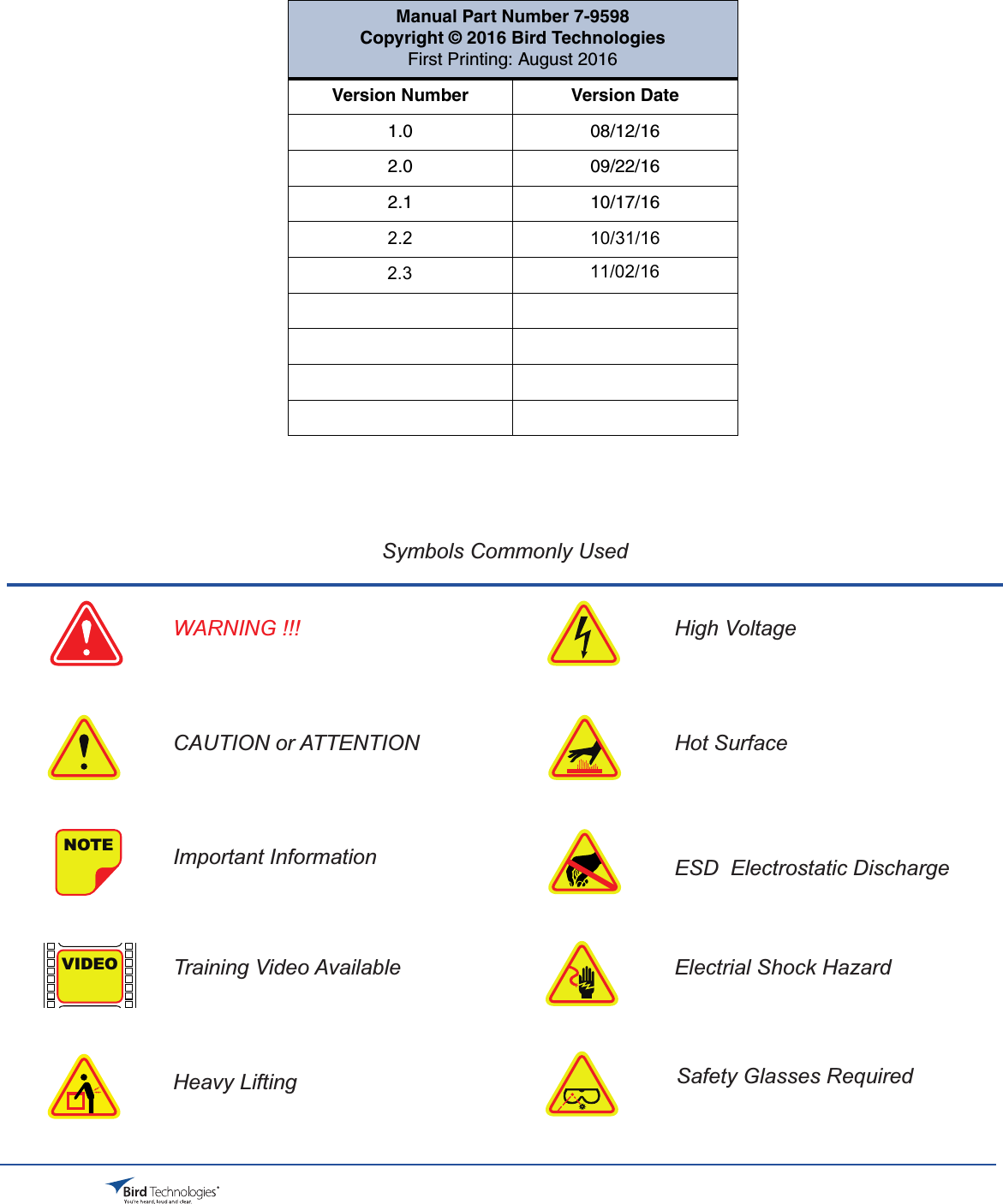 Bird Technologies     Manual 7-9598-2.1(Rough Draft)             10/17/16         Page 3Symbols Commonly UsedNOTEVIDEOWARNING !!!CAUTION or ATTENTIONImportant InformationTraining Video AvailableHeavy LiftingHigh VoltageHot SurfaceESD  Electrostatic DischargeElectrial Shock HazardSafety Glasses RequiredManual Part Number 7-9598Copyright © 2016 Bird TechnologiesFirst Printing: August 2016Version Number Version Date1.0 08/12/162.0 09/22/162.1 10/17/162.2 10/31/162.3 11/02/16