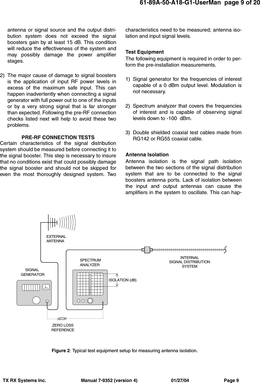 61-89A-50-A18-G1-UserMan  page 9 of 20TX RX Systems Inc.                           Manual 7-9352 (version 4)                          01/27/04                           Page 9antenna or signal source and the output distri-bution system does not exceed the signalboosters gain by at least 15 dB. This conditionwill reduce the effectiveness of the system andmay possibly damage the power amplifierstages.2) The major cause of damage to signal boostersis the application of input RF power levels inexcess of the maximum safe input. This canhappen inadvertently when connecting a signalgenerator with full power out to one of the inputsor by a very strong signal that is far strongerthan expected. Following the pre-RF connectionchecks listed next will help to avoid these twoproblems.PRE-RF CONNECTION TESTSCertain characteristics of the signal distributionsystem should be measured before connecting it tothe signal booster. This step is necessary to insurethat no conditions exist that could possibly damagethe signal booster and should not be skipped foreven the most thoroughly designed system. Twocharacteristics need to be measured; antenna iso-lation and input signal levels.Test EquipmentThe following equipment is required in order to per-form the pre-installation measurements.1) Signal generator for the frequencies of interestcapable of a 0 dBm output level. Modulation isnot necessary.2) Spectrum analyzer that covers the frequenciesof interest and is capable of observing signallevels down to -100  dBm.3) Double shielded coaxial test cables made fromRG142 or RG55 coaxial cable.Antenna Isolation Antenna isolation is the signal path isolationbetween the two sections of the signal distributionsystem that are to be connected to the signalboosters antenna ports. Lack of isolation betweenthe input and output antennas can cause theamplifiers in the system to oscillate. This can hap-INTERNALSIGNAL DISTRIBUTIONSYSTEMSPECTRUMANALYZEREXTERNALANTENNASIGNALGENERATORZERO LOSSREFERENCEISOLATION (dB)Figure 2: Typical test equipment setup for measuring antenna isolation.