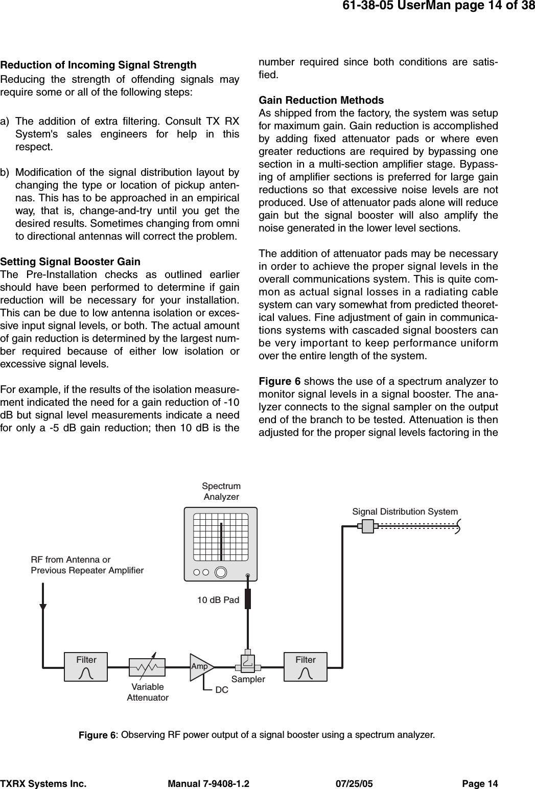61-38-05 UserMan page 14 of 38TXRX Systems Inc.                               Manual 7-9408-1.2                                 07/25/05                                  Page 14Reduction of Incoming Signal StrengthReducing the strength of offending signals mayrequire some or all of the following steps:a) The addition of extra filtering. Consult TX RXSystem&apos;s sales engineers for help in thisrespect.b) Modification of the signal distribution layout bychanging the type or location of pickup anten-nas. This has to be approached in an empiricalway, that is, change-and-try until you get thedesired results. Sometimes changing from omnito directional antennas will correct the problem.Setting Signal Booster GainThe Pre-Installation checks as outlined earliershould have been performed to determine if gainreduction will be necessary for your installation.This can be due to low antenna isolation or exces-sive input signal levels, or both. The actual amountof gain reduction is determined by the largest num-ber required because of either low isolation orexcessive signal levels.For example, if the results of the isolation measure-ment indicated the need for a gain reduction of -10dB but signal level measurements indicate a needfor only a -5 dB gain reduction; then 10 dB is thenumber required since both conditions are satis-fied.Gain Reduction MethodsAs shipped from the factory, the system was setupfor maximum gain. Gain reduction is accomplishedby adding fixed attenuator pads or where evengreater reductions are required by bypassing onesection in a multi-section amplifier stage. Bypass-ing of amplifier sections is preferred for large gainreductions so that excessive noise levels are notproduced. Use of attenuator pads alone will reducegain but the signal booster will also amplify thenoise generated in the lower level sections.The addition of attenuator pads may be necessaryin order to achieve the proper signal levels in theoverall communications system. This is quite com-mon as actual signal losses in a radiating cablesystem can vary somewhat from predicted theoret-ical values. Fine adjustment of gain in communica-tions systems with cascaded signal boosters canbe very important to keep performance uniformover the entire length of the system.Figure 6 shows the use of a spectrum analyzer tomonitor signal levels in a signal booster. The ana-lyzer connects to the signal sampler on the outputend of the branch to be tested. Attenuation is thenadjusted for the proper signal levels factoring in theRF from Antenna orPrevious Repeater AmplifierSignal Distribution SystemFilterFilterDCSamplerVariableAttenuatorSpectrumAnalyzer10 dB PadAmpFigure 6: Observing RF power output of a signal booster using a spectrum analyzer.