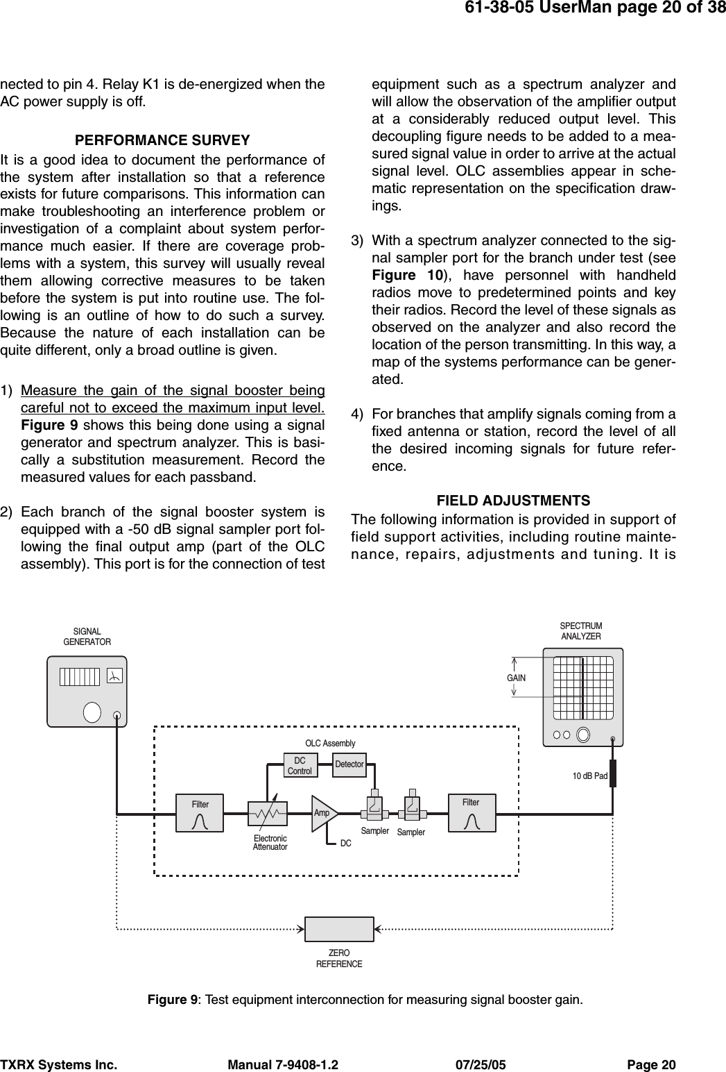 61-38-05 UserMan page 20 of 38TXRX Systems Inc.                               Manual 7-9408-1.2                                 07/25/05                                  Page 20nected to pin 4. Relay K1 is de-energized when theAC power supply is off.PERFORMANCE SURVEYIt is a good idea to document the performance ofthe system after installation so that a referenceexists for future comparisons. This information canmake troubleshooting an interference problem orinvestigation of a complaint about system perfor-mance much easier. If there are coverage prob-lems with a system, this survey will usually revealthem allowing corrective measures to be takenbefore the system is put into routine use. The fol-lowing is an outline of how to do such a survey.Because the nature of each installation can bequite different, only a broad outline is given.1) Measure the gain of the signal booster beingcareful not to exceed the maximum input level.Figure 9 shows this being done using a signalgenerator and spectrum analyzer. This is basi-cally a substitution measurement. Record themeasured values for each passband.2) Each branch of the signal booster system isequipped with a -50 dB signal sampler port fol-lowing the final output amp (part of the OLCassembly). This port is for the connection of testequipment such as a spectrum analyzer andwill allow the observation of the amplifier outputat a considerably reduced output level. Thisdecoupling figure needs to be added to a mea-sured signal value in order to arrive at the actualsignal level. OLC assemblies appear in sche-matic representation on the specification draw-ings.3) With a spectrum analyzer connected to the sig-nal sampler port for the branch under test (seeFigure 10), have personnel with handheldradios move to predetermined points and keytheir radios. Record the level of these signals asobserved on the analyzer and also record thelocation of the person transmitting. In this way, amap of the systems performance can be gener-ated.4) For branches that amplify signals coming from afixed antenna or station, record the level of allthe desired incoming signals for future refer-ence.FIELD ADJUSTMENTSThe following information is provided in support offield support activities, including routine mainte-nance, repairs, adjustments and tuning. It isDCSampler SamplerDetectorElectronicAttenuatorOLC AssemblyFilter FilterAmpDCControlZEROREFERENCEGAIN10 dB PadSIGNALGENERATORSPECTRUMANALYZERFigure 9: Test equipment interconnection for measuring signal booster gain.