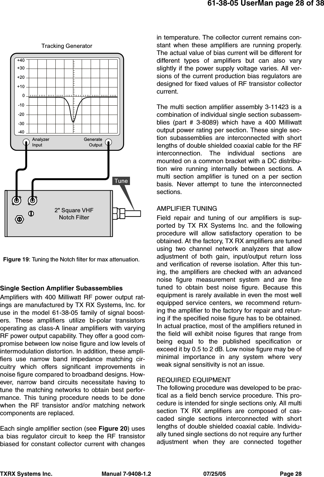 61-38-05 UserMan page 28 of 38TXRX Systems Inc.                               Manual 7-9408-1.2                                 07/25/05                                  Page 28Single Section Amplifier SubassembliesAmplifiers with 400 Milliwatt RF power output rat-ings are manufactured by TX RX Systems, Inc. foruse in the model 61-38-05 family of signal boost-ers. These amplifiers utilize bi-polar transistorsoperating as class-A linear amplifiers with varyingRF power output capability. They offer a good com-promise between low noise figure and low levels ofintermodulation distortion. In addition, these ampli-fiers use narrow band impedance matching cir-cuitry which offers significant improvements innoise figure compared to broadband designs. How-ever, narrow band circuits necessitate having totune the matching networks to obtain best perfor-mance. This tuning procedure needs to be donewhen the RF transistor and/or matching networkcomponents are replaced.Each single amplifier section (see Figure 20) usesa bias regulator circuit to keep the RF transistorbiased for constant collector current with changesin temperature. The collector current remains con-stant when these amplifiers are running properly.The actual value of bias current will be different fordifferent types of amplifiers but can also varyslightly if the power supply voltage varies. All ver-sions of the current production bias regulators aredesigned for fixed values of RF transistor collectorcurrent.The multi section amplifier assembly 3-11423 is acombination of individual single section subassem-blies (part # 3-8089) which have a 400 Milliwattoutput power rating per section. These single sec-tion subassemblies are interconnected with shortlengths of double shielded coaxial cable for the RFinterconnection. The individual sections aremounted on a common bracket with a DC distribu-tion wire running internally between sections. Amulti section amplifier is tuned on a per sectionbasis. Never attempt to tune the interconnectedsections.AMPLIFIER TUNINGField repair and tuning of our amplifiers is sup-ported by TX RX Systems Inc. and the followingprocedure will allow satisfactory operation to beobtained. At the factory, TX RX amplifiers are tunedusing two channel network analyzers that allowadjustment of both gain, input/output return lossand verification of reverse isolation. After this tun-ing, the amplifiers are checked with an advancednoise figure measurement system and are finetuned to obtain best noise figure. Because thisequipment is rarely available in even the most wellequipped service centers, we recommend return-ing the amplifier to the factory for repair and retun-ing if the specified noise figure has to be obtained.In actual practice, most of the amplifiers retuned inthe field will exhibit noise figures that range frombeing equal to the published specification orexceed it by 0.5 to 2 dB. Low noise figure may be ofminimal importance in any system where veryweak signal sensitivity is not an issue.REQUIRED EQUIPMENTThe following procedure was developed to be prac-tical as a field bench service procedure. This pro-cedure is intended for single sections only. All multisection TX RX amplifiers are composed of cas-caded single sections interconnected with shortlengths of double shielded coaxial cable. Individu-ally tuned single sections do not require any furtheradjustment when they are connected togetherAnalyzerInputGenerateOutput+30+40+20+100-10-20-30-402&quot; Square VHFNotch FilterTracking GeneratorTuneFigure 19: Tuning the Notch filter for max attenuation.