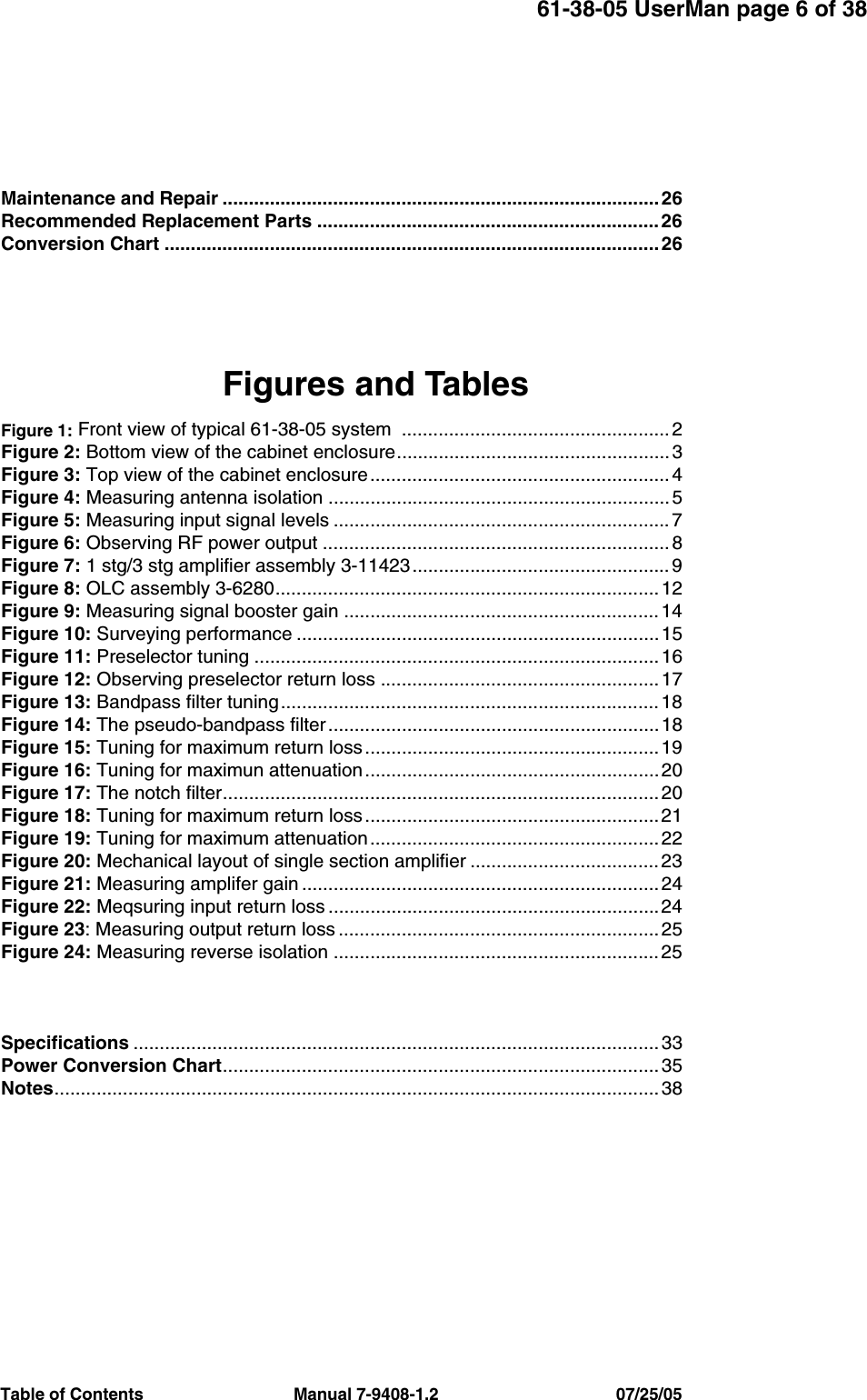 Table of Contents                                 Manual 7-9408-1.2                                       07/25/0561-38-05 UserMan page 6 of 38Maintenance and Repair ................................................................................... 26Recommended Replacement Parts ................................................................. 26Conversion Chart .............................................................................................. 26Figures and TablesFigure 1: Front view of typical 61-38-05 system  ................................................... 2Figure 2: Bottom view of the cabinet enclosure.................................................... 3Figure 3: Top view of the cabinet enclosure......................................................... 4Figure 4: Measuring antenna isolation ................................................................. 5Figure 5: Measuring input signal levels ................................................................ 7Figure 6: Observing RF power output .................................................................. 8Figure 7: 1 stg/3 stg amplifier assembly 3-11423................................................. 9Figure 8: OLC assembly 3-6280......................................................................... 12Figure 9: Measuring signal booster gain ............................................................ 14Figure 10: Surveying performance .....................................................................15Figure 11: Preselector tuning ............................................................................. 16Figure 12: Observing preselector return loss ..................................................... 17Figure 13: Bandpass filter tuning........................................................................18Figure 14: The pseudo-bandpass filter...............................................................18Figure 15: Tuning for maximum return loss ........................................................19Figure 16: Tuning for maximun attenuation ........................................................ 20Figure 17: The notch filter................................................................................... 20Figure 18: Tuning for maximum return loss ........................................................21Figure 19: Tuning for maximum attenuation ....................................................... 22Figure 20: Mechanical layout of single section amplifier ....................................23Figure 21: Measuring amplifer gain .................................................................... 24Figure 22: Meqsuring input return loss ...............................................................24Figure 23: Measuring output return loss ............................................................. 25Figure 24: Measuring reverse isolation ..............................................................25Specifications .................................................................................................... 33Power Conversion Chart................................................................................... 35Notes................................................................................................................... 38