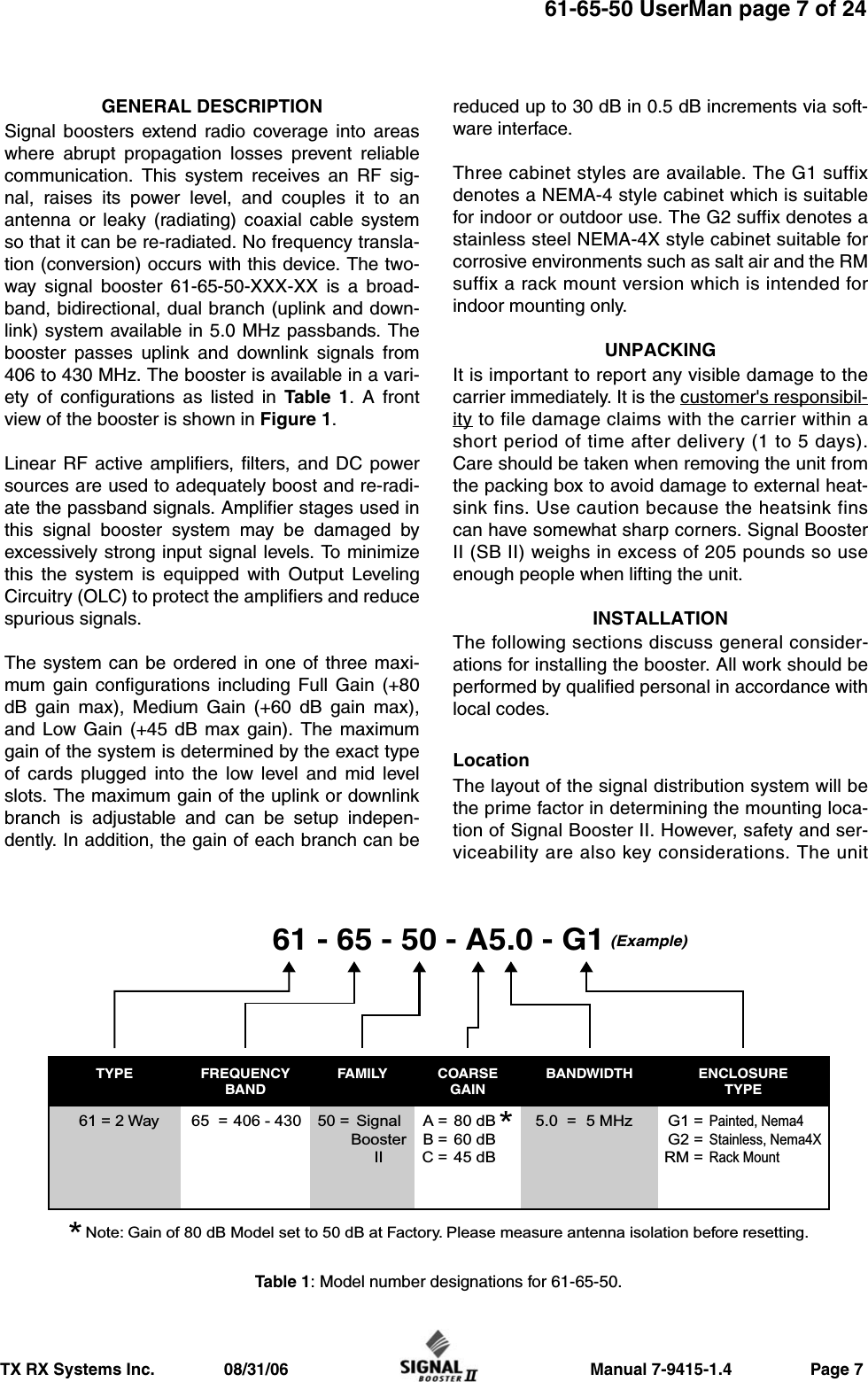                     Manual 7-9415-1.4                 Page 7TX RX Systems Inc.               08/31/0661-65-50 UserMan page 7 of 24GENERAL DESCRIPTIONSignal boosters extend radio coverage into areaswhere abrupt propagation losses prevent reliablecommunication. This system receives an RF sig-nal, raises its power level, and couples it to anantenna or leaky (radiating) coaxial cable systemso that it can be re-radiated. No frequency transla-tion (conversion) occurs with this device. The two-way signal booster 61-65-50-XXX-XX is a broad-band, bidirectional, dual branch (uplink and down-link) system available in 5.0 MHz passbands. Thebooster passes uplink and downlink signals from406 to 430 MHz. The booster is available in a vari-ety of configurations as listed in Table 1. A frontview of the booster is shown in Figure 1.Linear RF active amplifiers, filters, and DC powersources are used to adequately boost and re-radi-ate the passband signals. Amplifier stages used inthis signal booster system may be damaged byexcessively strong input signal levels. To minimizethis the system is equipped with Output LevelingCircuitry (OLC) to protect the amplifiers and reducespurious signals.The system can be ordered in one of three maxi-mum gain configurations including Full Gain (+80dB gain max), Medium Gain (+60 dB gain max),and Low Gain (+45 dB max gain). The maximumgain of the system is determined by the exact typeof cards plugged into the low level and mid levelslots. The maximum gain of the uplink or downlinkbranch is adjustable and can be setup indepen-dently. In addition, the gain of each branch can bereduced up to 30 dB in 0.5 dB increments via soft-ware interface.Three cabinet styles are available. The G1 suffixdenotes a NEMA-4 style cabinet which is suitablefor indoor or outdoor use. The G2 suffix denotes astainless steel NEMA-4X style cabinet suitable forcorrosive environments such as salt air and the RMsuffix a rack mount version which is intended forindoor mounting only.UNPACKINGIt is important to report any visible damage to thecarrier immediately. It is the customer&apos;s responsibil-ity to file damage claims with the carrier within ashort period of time after delivery (1 to 5 days).Care should be taken when removing the unit fromthe packing box to avoid damage to external heat-sink fins. Use caution because the heatsink finscan have somewhat sharp corners. Signal BoosterII (SB II) weighs in excess of 205 pounds so useenough people when lifting the unit.INSTALLATIONThe following sections discuss general consider-ations for installing the booster. All work should beperformed by qualified personal in accordance withlocal codes.LocationThe layout of the signal distribution system will bethe prime factor in determining the mounting loca-tion of Signal Booster II. However, safety and ser-viceability are also key considerations. The unit61 - 65 - 50 - A5.0 - G1 (Example)TYPE FREQUENCYBANDFAMILY COARSEGAINBANDWIDTH ENCLOSURETYPE61 = 2 Way 65  = 406 - 430 50 = SignalBoosterIIA =B =C =80 dB60 dB45 dB5.0  = 5 MHz G1 =G2 =RM =Painted, Nema4Stainless, Nema4XRack Mount*Note: Gain of 80 dB Model set to 50 dB at Factory. Please measure antenna isolation before resetting.*Table 1: Model number designations for 61-65-50.GAI