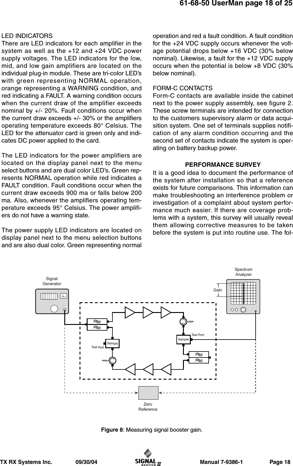                     Manual 7-9386-1                 Page 18TX RX Systems Inc.               09/30/0461-68-50 UserMan page 18 of 25LED INDICATORSThere are LED indicators for each amplifier in thesystem as well as the +12 and +24 VDC powersupply voltages. The LED indicators for the low,mid, and low gain amplifiers are located on theindividual plug-in module. These are tri-color LED’swith green representing NORMAL operation,orange representing a WARNING condition, andred indicating a FAULT. A warning condition occurswhen the current draw of the amplifier exceedsnominal by +/- 20%. Fault conditions occur whenthe current draw exceeds +/- 30% or the amplifiersoperating temperature exceeds 80° Celsius. TheLED for the attenuator card is green only and indi-cates DC power applied to the card.The LED indicators for the power amplifiers arelocated on the display panel next to the menuselect buttons and are dual color LED’s. Green rep-resents NORMAL operation while red indicates aFAULT condition. Fault conditions occur when thecurrent draw exceeds 900 ma or falls below 200ma. Also, whenever the amplifiers operating tem-perature exceeds 95° Celsius. The power amplifi-ers do not have a warning state.The power supply LED indicators are located ondisplay panel next to the menu selection buttonsand are also dual color. Green representing normaloperation and red a fault condition. A fault conditionfor the +24 VDC supply occurs whenever the volt-age potential drops below +16 VDC (30% belownominal). Likewise, a fault for the +12 VDC supplyoccurs when the potential is below +8 VDC (30%below nominal).FORM-C CONTACTSForm-C contacts are available inside the cabinetnext to the power supply assembly, see figure 2.These screw terminals are intended for connectionto the customers supervisory alarm or data acqui-sition system. One set of terminals supplies notifi-cation of any alarm condition occurring and thesecond set of contacts indicate the system is oper-ating on battery backup power.PERFORMANCE SURVEYIt is a good idea to document the performance ofthe system after installation so that a referenceexists for future comparisons. This information canmake troubleshooting an interference problem orinvestigation of a complaint about system perfor-mance much easier. If there are coverage prob-lems with a system, this survey will usually revealthem allowing corrective measures to be takenbefore the system is put into routine use. The fol-SignalGeneratorZeroReferenceSpectrumAnalyzerGainSampleSampleTest PortTest PortFigure 8: Measuring signal booster gain.