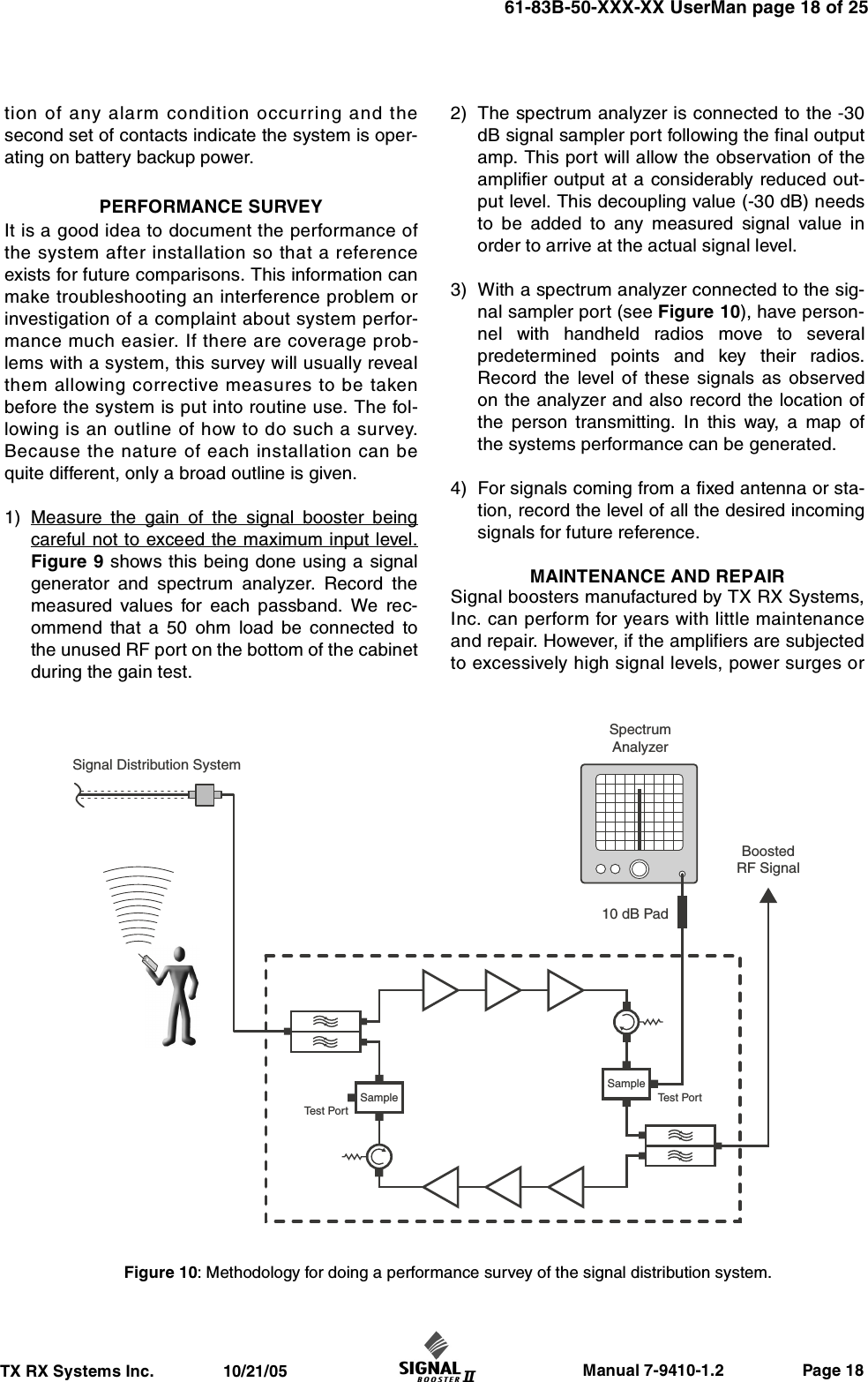                     Manual 7-9410-1.2                 Page 18TX RX Systems Inc.               10/21/0561-83B-50-XXX-XX UserMan page 18 of 25tion of any alarm condition occurring and thesecond set of contacts indicate the system is oper-ating on battery backup power.PERFORMANCE SURVEYIt is a good idea to document the performance ofthe system after installation so that a referenceexists for future comparisons. This information canmake troubleshooting an interference problem orinvestigation of a complaint about system perfor-mance much easier. If there are coverage prob-lems with a system, this survey will usually revealthem allowing corrective measures to be takenbefore the system is put into routine use. The fol-lowing is an outline of how to do such a survey.Because the nature of each installation can bequite different, only a broad outline is given.1) Measure the gain of the signal booster beingcareful not to exceed the maximum input level.Figure 9 shows this being done using a signalgenerator and spectrum analyzer. Record themeasured values for each passband. We rec-ommend that a 50 ohm load be connected tothe unused RF port on the bottom of the cabinetduring the gain test.2) The spectrum analyzer is connected to the -30dB signal sampler port following the final outputamp. This port will allow the observation of theamplifier output at a considerably reduced out-put level. This decoupling value (-30 dB) needsto be added to any measured signal value inorder to arrive at the actual signal level.3) With a spectrum analyzer connected to the sig-nal sampler port (see Figure 10), have person-nel with handheld radios move to severalpredetermined points and key their radios.Record the level of these signals as observedon the analyzer and also record the location ofthe person transmitting. In this way, a map ofthe systems performance can be generated.4) For signals coming from a fixed antenna or sta-tion, record the level of all the desired incomingsignals for future reference.MAINTENANCE AND REPAIRSignal boosters manufactured by TX RX Systems,Inc. can perform for years with little maintenanceand repair. However, if the amplifiers are subjectedto excessively high signal levels, power surges orBoostedRF SignalSignal Distribution SystemSpectrumAnalyzer10 dB PadSampleSampleTest PortTest PortFigure 10: Methodology for doing a performance survey of the signal distribution system. 