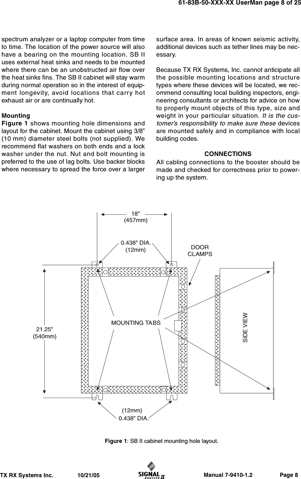                     Manual 7-9410-1.2                 Page 8TX RX Systems Inc.               10/21/0561-83B-50-XXX-XX UserMan page 8 of 25spectrum analyzer or a laptop computer from timeto time. The location of the power source will alsohave a bearing on the mounting location. SB IIuses external heat sinks and needs to be mountedwhere there can be an unobstructed air flow overthe heat sinks fins. The SB II cabinet will stay warmduring normal operation so in the interest of equip-ment longevity, avoid locations that carry hotexhaust air or are continually hot.MountingFigure 1 shows mounting hole dimensions andlayout for the cabinet. Mount the cabinet using 3/8”(10 mm) diameter steel bolts (not supplied). Werecommend flat washers on both ends and a lockwasher under the nut. Nut and bolt mounting ispreferred to the use of lag bolts. Use backer blockswhere necessary to spread the force over a largersurface area. In areas of known seismic activity,additional devices such as tether lines may be nec-essary.Because TX RX Systems, Inc. cannot anticipate allthe possible mounting locations and structuretypes where these devices will be located, we rec-ommend consulting local building inspectors, engi-neering consultants or architects for advice on howto properly mount objects of this type, size andweight in your particular situation. It is the cus-tomer’s responsibility to make sure these devicesare mounted safely and in compliance with localbuilding codes.CONNECTIONSAll cabling connections to the booster should bemade and checked for correctness prior to power-ing up the system.MOUNTING TABSDOORCLAMPS0.438&quot; DIA.(12mm)0.438&quot; DIA.(12mm)SIDE VIEW18&quot;(457mm)21.25&quot;(540mm)Figure 1: SB II cabinet mounting hole layout.