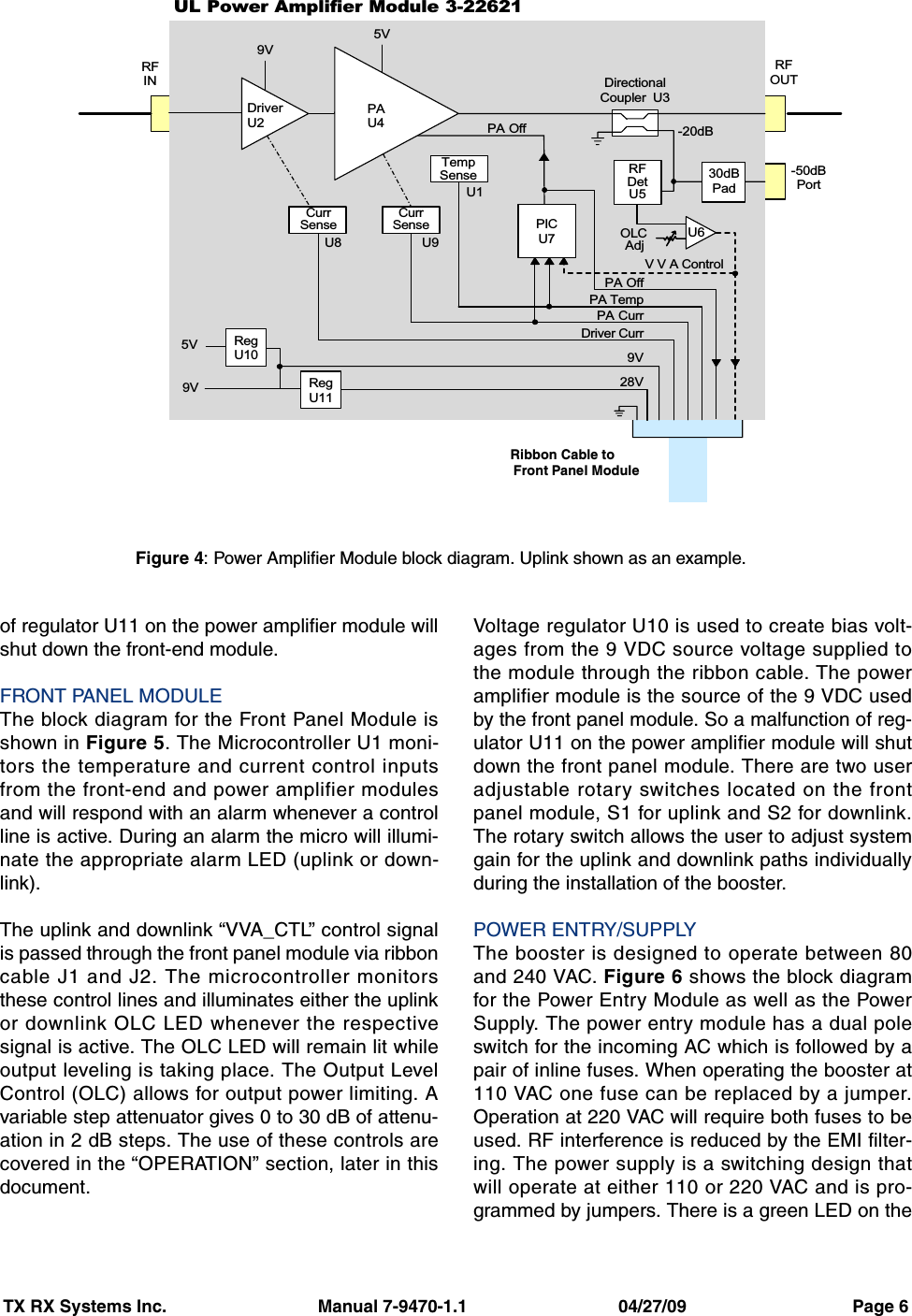 TX RX Systems Inc.                               Manual 7-9470-1.1                               04/27/09                                  Page 6of regulator U11 on the power amplifier module willshut down the front-end module.FRONT PANEL MODULEThe block diagram for the Front Panel Module isshown in Figure 5. The Microcontroller U1 moni-tors the temperature and current control inputsfrom the front-end and power amplifier modulesand will respond with an alarm whenever a controlline is active. During an alarm the micro will illumi-nate the appropriate alarm LED (uplink or down-link).The uplink and downlink “VVA_CTL” control signalis passed through the front panel module via ribboncable J1 and J2. The microcontroller monitorsthese control lines and illuminates either the uplinkor downlink OLC LED whenever the respectivesignal is active. The OLC LED will remain lit whileoutput leveling is taking place. The Output LevelControl (OLC) allows for output power limiting. Avariable step attenuator gives 0 to 30 dB of attenu-ation in 2 dB steps. The use of these controls arecovered in the “OPERATION” section, later in thisdocument.Voltage regulator U10 is used to create bias volt-ages from the 9 VDC source voltage supplied tothe module through the ribbon cable. The poweramplifier module is the source of the 9 VDC usedby the front panel module. So a malfunction of reg-ulator U11 on the power amplifier module will shutdown the front panel module. There are two useradjustable rotary switches located on the frontpanel module, S1 for uplink and S2 for downlink.The rotary switch allows the user to adjust systemgain for the uplink and downlink paths individuallyduring the installation of the booster.POWER ENTRY/SUPPLYThe booster is designed to operate between 80and 240 VAC. Figure 6 shows the block diagramfor the Power Entry Module as well as the PowerSupply. The power entry module has a dual poleswitch for the incoming AC which is followed by apair of inline fuses. When operating the booster at110 VAC one fuse can be replaced by a jumper.Operation at 220 VAC will require both fuses to beused. RF interference is reduced by the EMI filter-ing. The power supply is a switching design thatwill operate at either 110 or 220 VAC and is pro-grammed by jumpers. There is a green LED on theRFINRFOUT-50dBPortPAU49V5V-20dBDirectionalCoupler  U39V5V RegU10DriverU228VV V A ControlOLC AdjPA TempPA CurrRFDetU5Driver CurrTempSenseRegU11CurrSenseCurrSense PICU7PA Off9VPA OffUL Power Amplifier Module 3-2262130dBPadU1U8 U9 U6Figure 4: Power Amplifier Module block diagram. Uplink shown as an example.Ribbon Cable toFront Panel Module