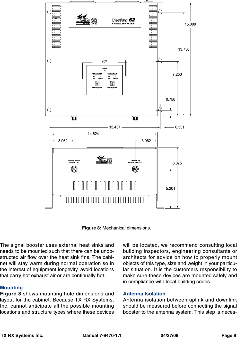 TX RX Systems Inc.                               Manual 7-9470-1.1                               04/27/09                                  Page 9The signal booster uses external heat sinks andneeds to be mounted such that there can be unob-structed air flow over the heat sink fins. The cabi-net will stay warm during normal operation so inthe interest of equipment longevity, avoid locationsthat carry hot exhaust air or are continually hot.MountingFigure 8 shows mounting hole dimensions andlayout for the cabinet. Because TX RX Systems,Inc. cannot anticipate all the possible mountinglocations and structure types where these deviceswill be located, we recommend consulting localbuilding inspectors, engineering consultants orarchitects for advice on how to properly mountobjects of this type, size and weight in your particu-lar situation. It is the customers responsibility tomake sure these devices are mounted safely andin compliance with local building codes.Antenna IsolationAntenna isolation between uplink and downlinkshould be measured before connecting the signalbooster to the antenna system. This step is neces-GAIN REDUCTION0 . . . 30 dBGAIN REDUCTION0 . . . 30 dBOLC ALARM OLCPOWERALARM030 21646282620 1822241214108030 21646282620 1822241214108DOWNLINK INUPLINK OUTUPLINK INDOWNLINK OUT3.062 3.06214.62415.437 0.5310.7507.25013.75015.0005.2018.075Figure 8: Mechanical dimensions.