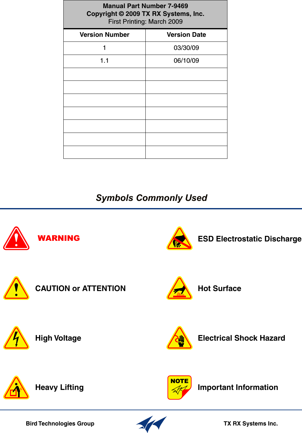 Symbols Commonly UsedWARNING                ESD Electrostatic DischargeHot SurfaceElectrical Shock HazardImportant InformationCAUTION or ATTENTIONHigh VoltageHeavy LiftingBird Technologies Group TX RX Systems Inc.NOTEManual Part Number 7-9469Copyright © 2009 TX RX Systems, Inc.First Printing: March 2009Version Number Version Date1 03/30/091.1 06/10/09