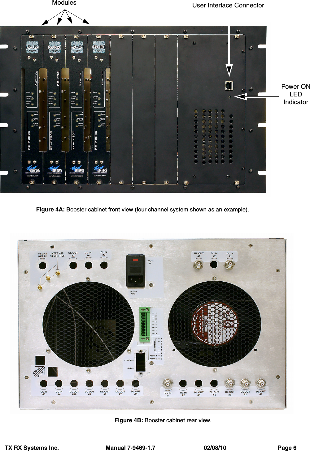 TX RX Systems Inc.                             Manual 7-9469-1.7                              02/08/10                                Page 6Figure 4B: Booster cabinet rear view.Figure 4A: Booster cabinet front view (four channel system shown as an example).User Interface ConnectorPower ONLEDIndicatorModules