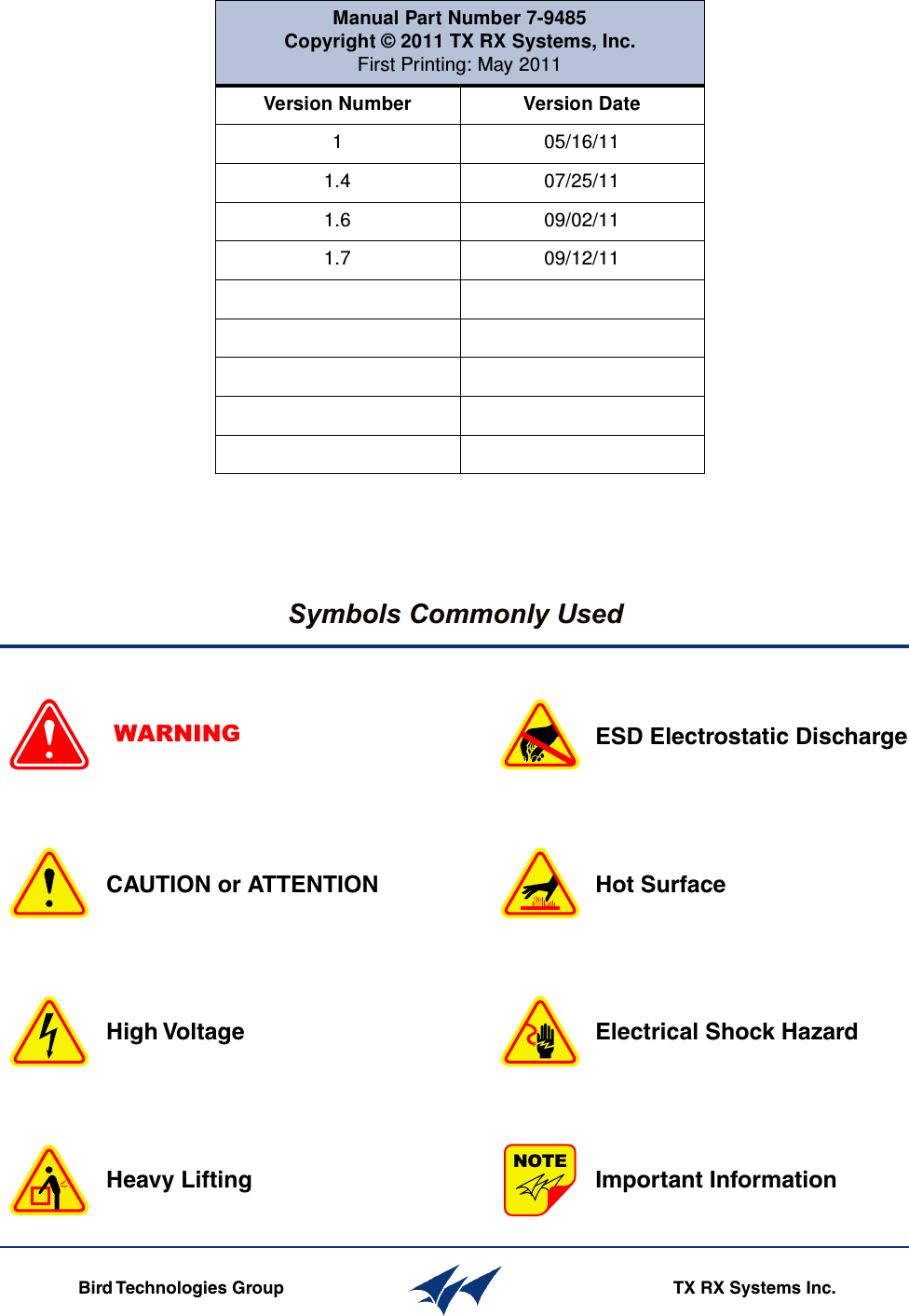 Symbols Commonly UsedWARNING                ESD Electrostatic DischargeHot SurfaceElectrical Shock HazardImportant InformationCAUTION or ATTENTIONHigh VoltageHeavy LiftingBird Technologies Group TX RX Systems Inc.NOTEManual Part Number 7-9485Copyright © 2011 TX RX Systems, Inc.First Printing: May 2011Version Number Version Date1 05/16/111.4 07/25/111.6 09/02/111.7 09/12/11