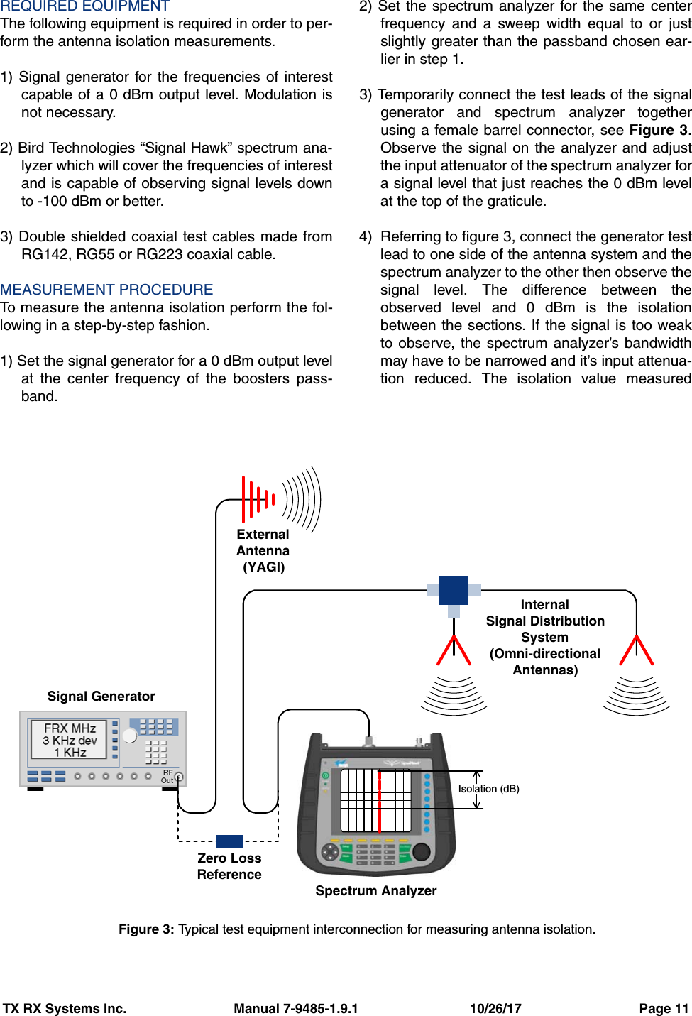 TX RX Systems Inc.                             Manual 7-9485-1.9.1                              10/26/17                                Page 11REQUIRED EQUIPMENTThe following equipment is required in order to per-form the antenna isolation measurements.1) Signal generator for the frequencies of interestcapable of a 0 dBm output level. Modulation isnot necessary.2) Bird Technologies “Signal Hawk” spectrum ana-lyzer which will cover the frequencies of interestand is capable of observing signal levels downto -100 dBm or better.3) Double shielded coaxial test cables made fromRG142, RG55 or RG223 coaxial cable.MEASUREMENT PROCEDURETo measure the antenna isolation perform the fol-lowing in a step-by-step fashion.1) Set the signal generator for a 0 dBm output levelat the center frequency of the boosters pass-band.2) Set the spectrum analyzer for the same centerfrequency and a sweep width equal to or justslightly greater than the passband chosen ear-lier in step 1.3) Temporarily connect the test leads of the signalgenerator and spectrum analyzer togetherusing a female barrel connector, see Figure 3.Observe the signal on the analyzer and adjustthe input attenuator of the spectrum analyzer fora signal level that just reaches the 0 dBm levelat the top of the graticule.4) Referring to figure 3, connect the generator testlead to one side of the antenna system and thespectrum analyzer to the other then observe thesignal level. The difference between theobserved level and 0 dBm is the isolationbetween the sections. If the signal is too weakto observe, the spectrum analyzer’s bandwidthmay have to be narrowed and it’s input attenua-tion reduced. The isolation value measuredSignal GeneratorExternalAntenna(YAGI)Spectrum AnalyzerIsolation (dB)Zero LossReferenceInternalSignal DistributionSystem(Omni-directionalAntennas)Figure 3: Typical test equipment interconnection for measuring antenna isolation.