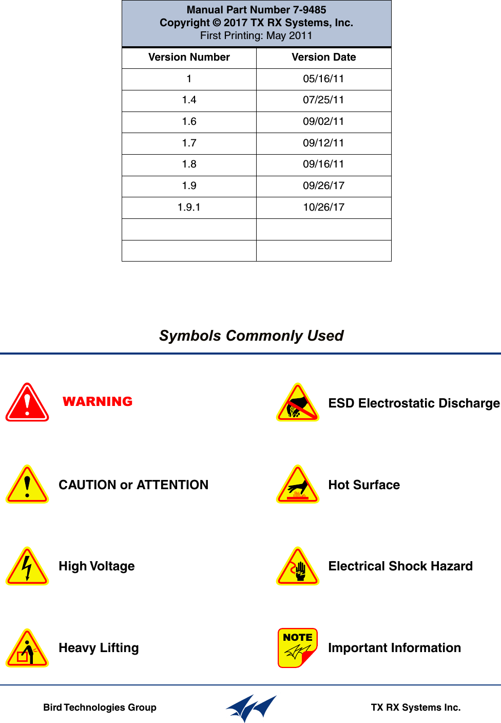 TX RX Systems Inc.                             Manual 7-9485-1.9.1                              10/26/17                                Page 3Symbols Commonly UsedWARNING                ESD Electrostatic DischargeHot SurfaceElectrical Shock HazardImportant InformationCAUTION or ATTENTIONHigh VoltageHeavy LiftingBird Technologies Group TX RX Systems Inc.NOTEManual Part Number 7-9485Copyright © 2017 TX RX Systems, Inc.First Printing: May 2011Version Number Version Date1 05/16/111.4 07/25/111.6 09/02/111.7 09/12/111.8 09/16/111.9 09/26/171.9.1 10/26/17