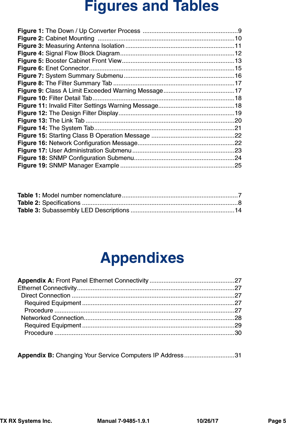 TX RX Systems Inc.                             Manual 7-9485-1.9.1                              10/26/17                                Page 5     Figures and TablesFigure 1: The Down / Up Converter Process  .......................................................9Figure 2: Cabinet Mounting  ...............................................................................10Figure 3: Measuring Antenna Isolation ...............................................................11Figure 4: Signal Flow Block Diagram..................................................................12Figure 5: Booster Cabinet Front View.................................................................13Figure 6: Enet Connector....................................................................................15Figure 7: System Summary Submenu................................................................16Figure 8: The Filter Summary Tab ......................................................................17Figure 9: Class A Limit Exceeded Warning Message.........................................17Figure 10: Filter Detail Tab..................................................................................18Figure 11: Invalid Filter Settings Warning Message............................................18Figure 12: The Design Filter Display...................................................................19Figure 13: The Link Tab ......................................................................................20Figure 14: The System Tab.................................................................................21Figure 15: Starting Class B Operation Message ................................................22Figure 16: Network Configuration Message........................................................22Figure 17: User Administration Submenu...........................................................23Figure 18: SNMP Configuration Submenu..........................................................24Figure 19: SNMP Manager Example ..................................................................25Table 1: Model number nomenclature...................................................................7Table 2: Specifications ..........................................................................................8Table 3: Subassembly LED Descriptions ............................................................14AppendixesAppendix A: Front Panel Ethernet Connectivity .................................................27Ethernet Connectivity...........................................................................................27  Direct Connection ..............................................................................................27    Required Equipment ........................................................................................27    Procedure ........................................................................................................27  Networked Connection.......................................................................................28    Required Equipment ........................................................................................29    Procedure ........................................................................................................30Appendix B: Changing Your Service Computers IP Address .............................31