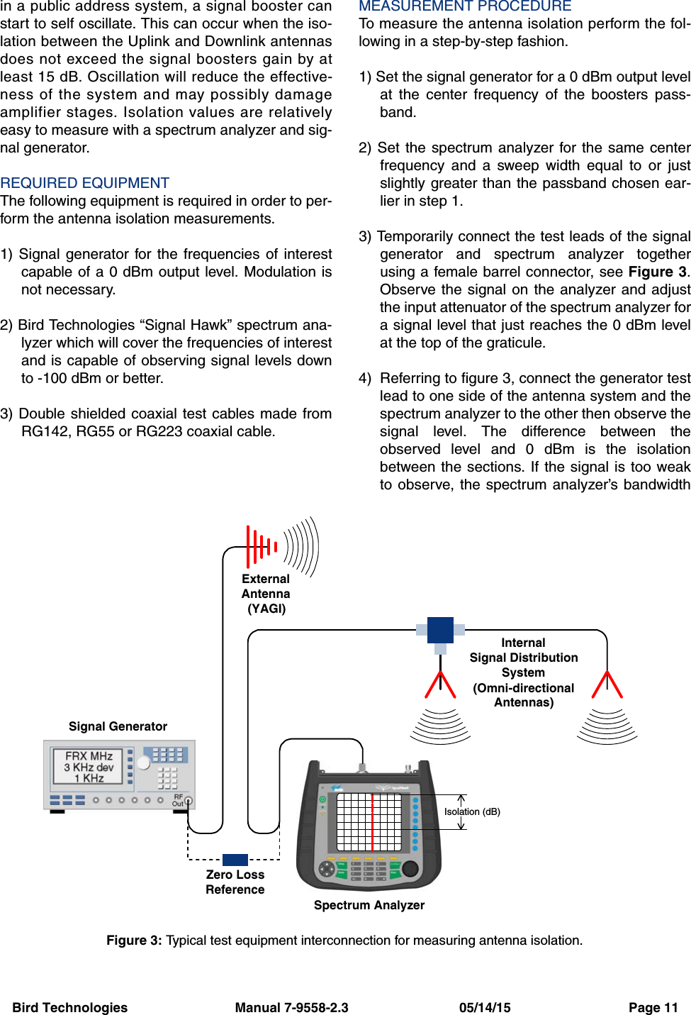 Bird Technologies                             Manual 7-9558-2.3                              05/14/15                                Page 11in a public address system, a signal booster canstart to self oscillate. This can occur when the iso-lation between the Uplink and Downlink antennasdoes not exceed the signal boosters gain by atleast 15 dB. Oscillation will reduce the effective-ness of the system and may possibly damageamplifier stages. Isolation values are relativelyeasy to measure with a spectrum analyzer and sig-nal generator.REQUIRED EQUIPMENTThe following equipment is required in order to per-form the antenna isolation measurements.1) Signal generator for the frequencies of interestcapable of a 0 dBm output level. Modulation isnot necessary.2) Bird Technologies “Signal Hawk” spectrum ana-lyzer which will cover the frequencies of interestand is capable of observing signal levels downto -100 dBm or better.3) Double shielded coaxial test cables made fromRG142, RG55 or RG223 coaxial cable.MEASUREMENT PROCEDURETo measure the antenna isolation perform the fol-lowing in a step-by-step fashion.1) Set the signal generator for a 0 dBm output levelat the center frequency of the boosters pass-band.2) Set the spectrum analyzer for the same centerfrequency and a sweep width equal to or justslightly greater than the passband chosen ear-lier in step 1.3) Temporarily connect the test leads of the signalgenerator and spectrum analyzer togetherusing a female barrel connector, see Figure 3.Observe the signal on the analyzer and adjustthe input attenuator of the spectrum analyzer fora signal level that just reaches the 0 dBm levelat the top of the graticule.4) Referring to figure 3, connect the generator testlead to one side of the antenna system and thespectrum analyzer to the other then observe thesignal level. The difference between theobserved level and 0 dBm is the isolationbetween the sections. If the signal is too weakto observe, the spectrum analyzer’s bandwidthSignal GeneratorExternalAntenna(YAGI)Spectrum AnalyzerIsolation (dB)Zero LossReferenceInternalSignal DistributionSystem(Omni-directionalAntennas)Figure 3: Typical test equipment interconnection for measuring antenna isolation.