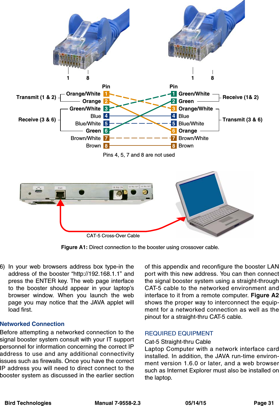 Bird Technologies                             Manual 7-9558-2.3                              05/14/15                                Page 316) In your web browsers address box type-in theaddress of the booster “http://192.168.1.1” andpress the ENTER key. The web page interfaceto the booster should appear in your laptop’sbrowser window. When you launch the webpage you may notice that the JAVA applet willload first.Networked ConnectionBefore attempting a networked connection to thesignal booster system consult with your IT supportpersonnel for information concerning the correct IPaddress to use and any additional connectivityissues such as firewalls. Once you have the correctIP address you will need to direct connect to thebooster system as discussed in the earlier sectionof this appendix and reconfigure the booster LANport with this new address. You can then connectthe signal booster system using a straight-throughCAT-5 cable to the networked environment andinterface to it from a remote computer. Figure A2shows the proper way to interconnect the equip-ment for a networked connection as well as thepinout for a straight-thru CAT-5 cable.REQUIRED EQUIPMENTCat-5 Straight-thru CableLaptop Computer with a network interface cardinstalled. In addition, the JAVA run-time environ-ment version 1.6.0 or later, and a web browsersuch as Internet Explorer must also be installed onthe laptop.1476358214763582Orange/WhiteOrangeGreen/WhiteBlueBlue/WhiteGreenBrown/WhiteBrownGreen/WhiteGreenOrange/WhiteBlueBlue/WhiteOrangeBrown/WhiteBrownTransmit (1 &amp; 2)Receive (3 &amp; 6) Transmit (3 &amp; 6)Receive (1&amp; 2)Pins 4, 5, 7 and 8 are not usedPin PinCAT-5 Cross-Over Cable18 18Figure A1: Direct connection to the booster using crossover cable.