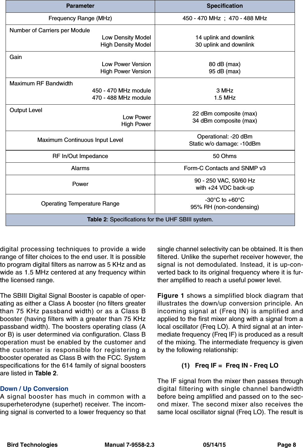 Bird Technologies                             Manual 7-9558-2.3                              05/14/15                                Page 8digital processing techniques to provide a widerange of filter choices to the end user. It is possibleto program digital filters as narrow as 5 KHz and aswide as 1.5 MHz centered at any frequency withinthe licensed range.The SBIII Digital Signal Booster is capable of oper-ating as either a Class A booster (no filters greaterthan 75 KHz passband width) or as a Class Bbooster (having filters with a greater than 75 KHzpassband width). The boosters operating class (Aor B) is user determined via configuration. Class Boperation must be enabled by the customer andthe customer is responsible for registering abooster operated as Class B with the FCC. Systemspecifications for the 614 family of signal boostersare listed in Table 2.Down / Up ConversionA signal booster has much in common with asuperheterodyne (superhet) receiver. The incom-ing signal is converted to a lower frequency so thatsingle channel selectivity can be obtained. It is thenfiltered. Unlike the superhet receiver however, thesignal is not demodulated. Instead, it is up-con-verted back to its original frequency where it is fur-ther amplified to reach a useful power level.Figure 1 shows a simplified block diagram thatillustrates the down/up conversion principle. Anincoming signal at (Freq IN) is amplified andapplied to the first mixer along with a signal from alocal oscillator (Freq LO). A third signal at an inter-mediate frequency (Freq IF) is produced as a resultof the mixing. The intermediate frequency is givenby the following relationship:(1)   Freq IF =  Freq IN - Freq LOThe IF signal from the mixer then passes throughdigital filtering with single channel bandwidthbefore being amplified and passed on to the sec-ond mixer. The second mixer also receives thesame local oscillator signal (Freq LO). The result isParameter SpecificationFrequency Range (MHz) 450 - 470 MHz  ;  470 - 488 MHzNumber of Carriers per ModuleLow Density ModelHigh Density Model14 uplink and downlink30 uplink and downlinkGainLow Power VersionHigh Power Version80 dB (max)95 dB (max)Maximum RF Bandwidth450 - 470 MHz module470 - 488 MHz module3 MHz1.5 MHzOutput LevelLow PowerHigh Power22 dBm composite (max)34 dBm composite (max)Maximum Continuous Input Level Operational: -20 dBmStatic w/o damage: -10dBmRF In/Out Impedance 50 OhmsAlarms Form-C Contacts and SNMP v3Power 90 - 250 VAC, 50/60 Hzwith +24 VDC back-upOperating Temperature Range -30°C to +60°C95% RH (non-condensing)Table 2: Specifications for the UHF SBIII system.