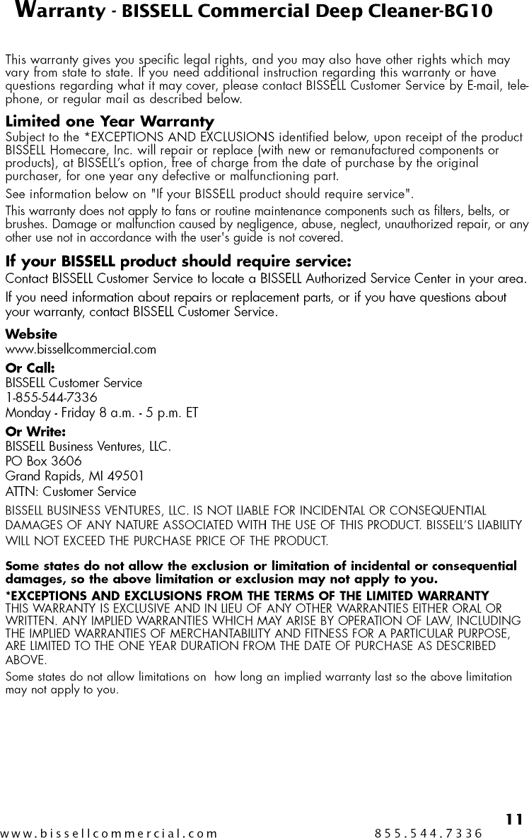 Page 11 of 12 - Bissell 10N2 User Manual  CARPET CLEANER - Manuals And Guides 1505454L