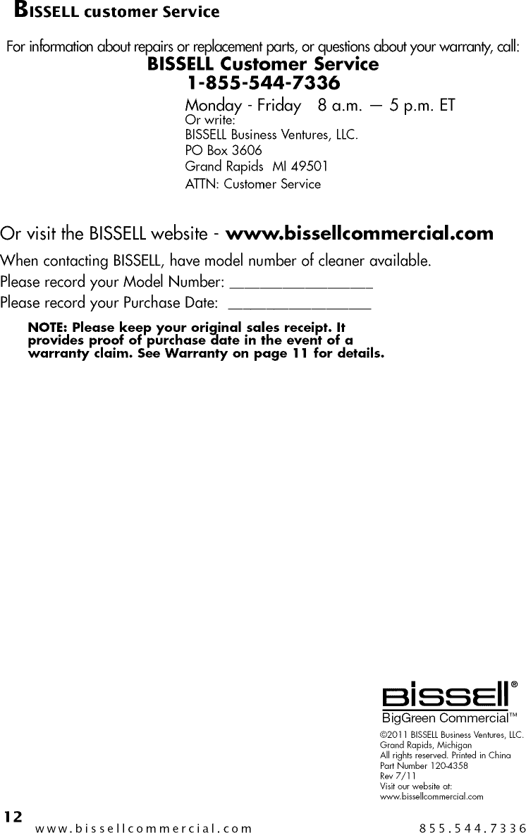 Page 12 of 12 - Bissell 10N2 User Manual  CARPET CLEANER - Manuals And Guides 1505454L