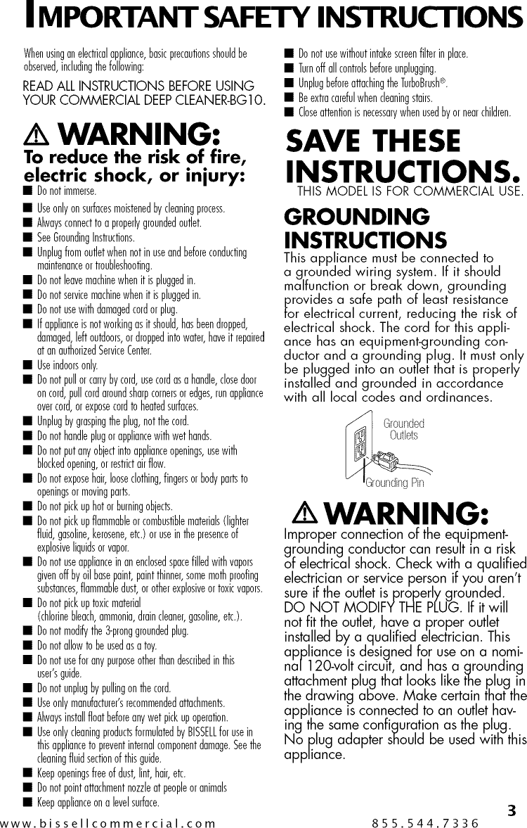 Page 3 of 12 - Bissell 10N2 User Manual  CARPET CLEANER - Manuals And Guides 1505454L