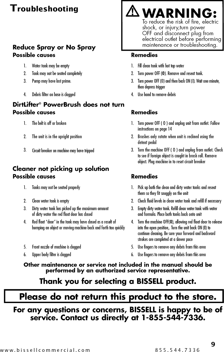 Page 9 of 12 - Bissell 10N2 User Manual  CARPET CLEANER - Manuals And Guides 1505454L