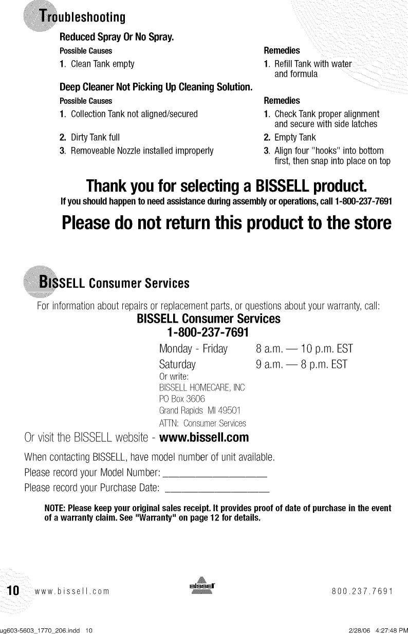 Page 10 of 12 - Bissell 1770 User Manual  QUICK STEAMER - Manuals And Guides L0901309