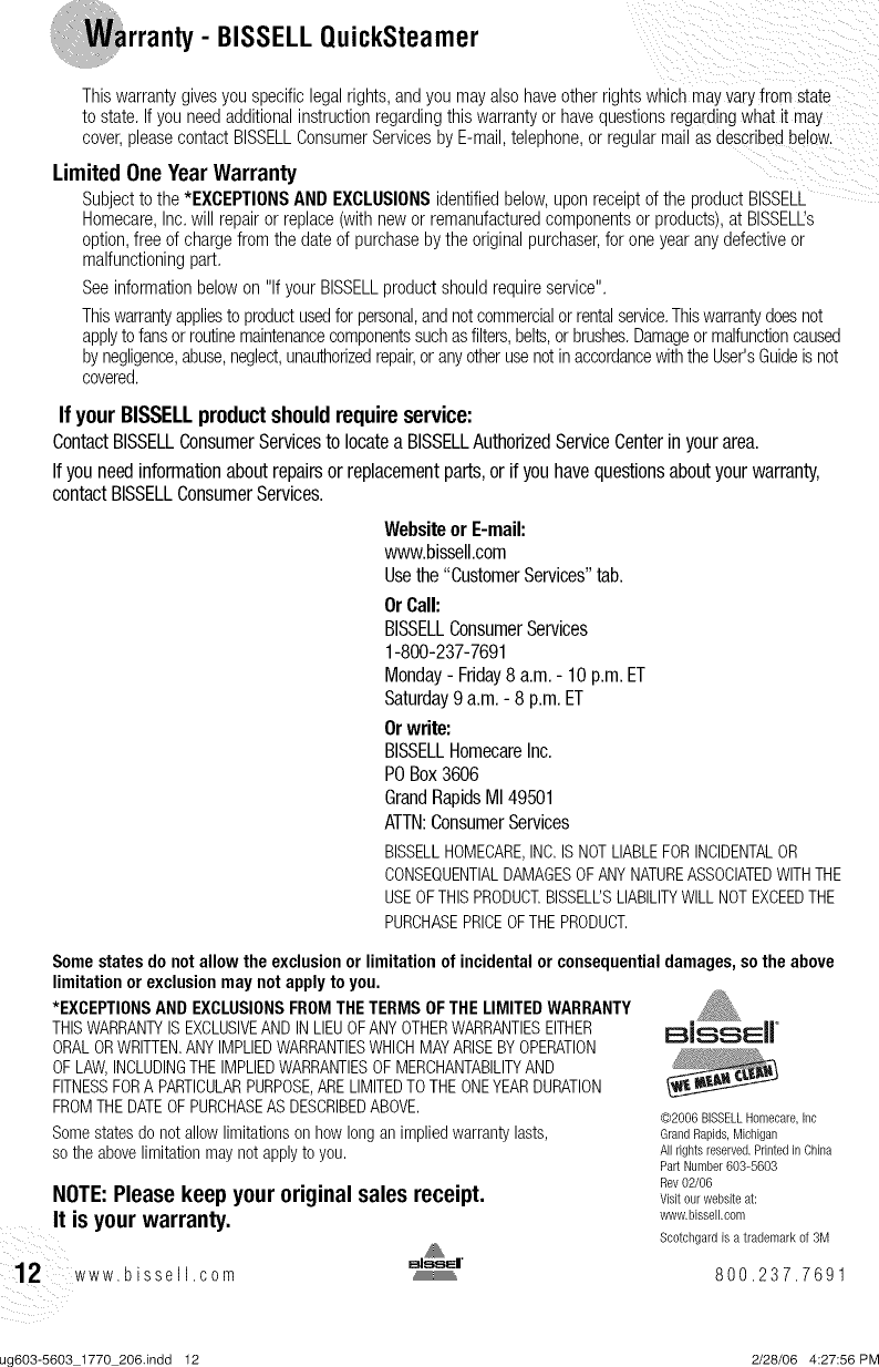 Page 12 of 12 - Bissell 1770 User Manual  QUICK STEAMER - Manuals And Guides L0901309