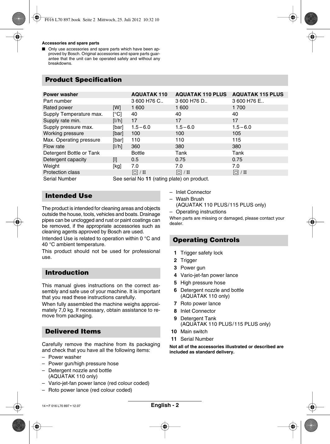 Bissell Aquatak 110 Plus Owners Manual F016 L70 897