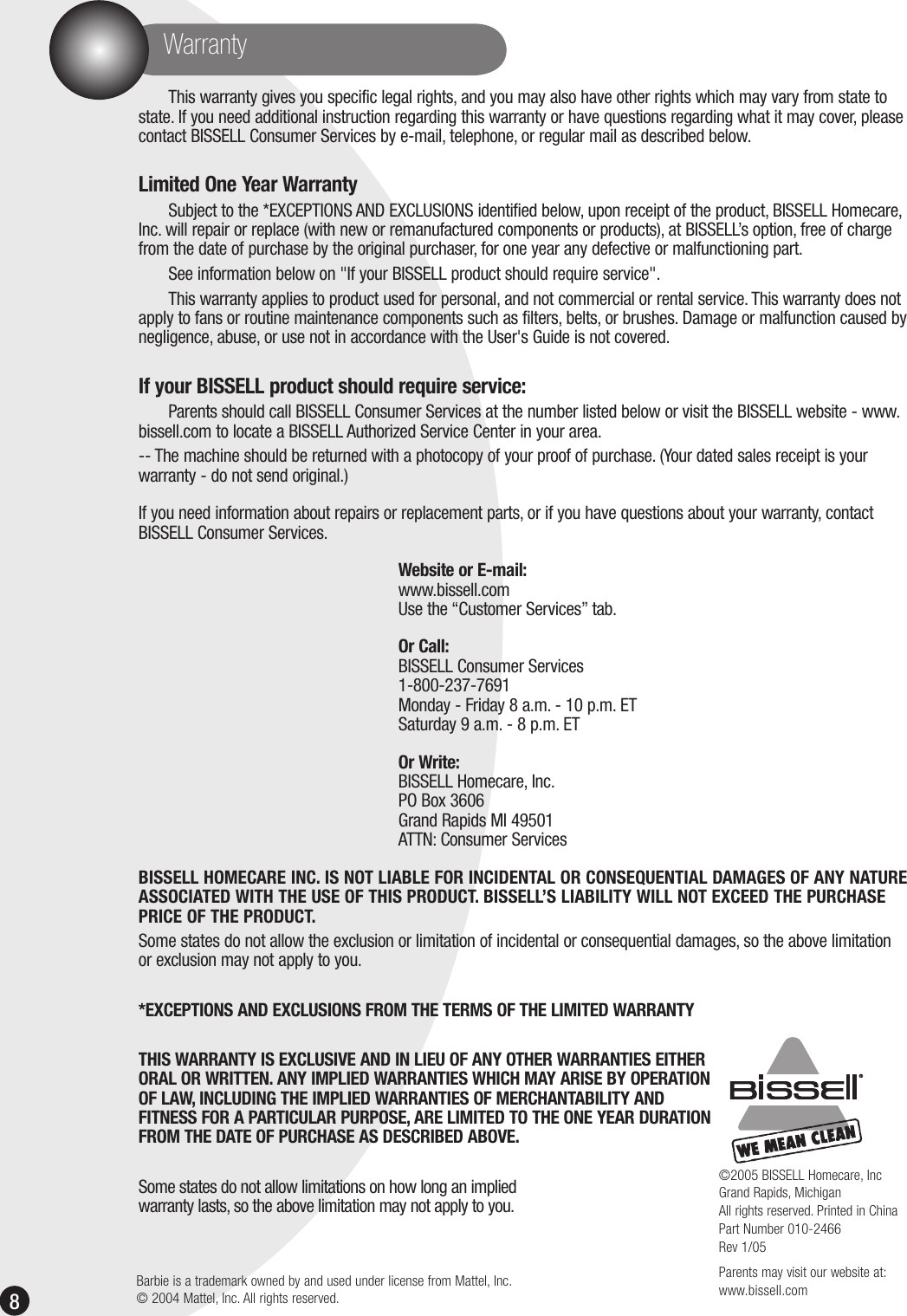Page 8 of 8 - Bissell Bissell-Barbie-Real-Vacuum-3600-Users-Manual- Ug010-2466_3600_105  Bissell-barbie-real-vacuum-3600-users-manual