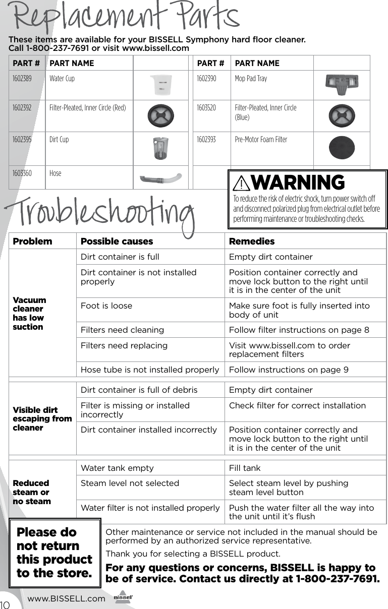 Page 10 of 12 - Bissell Bissell-Bissell-Symphony-All-In-One-Vacuum-And-Steam-Mop-1132-Owners-Manual