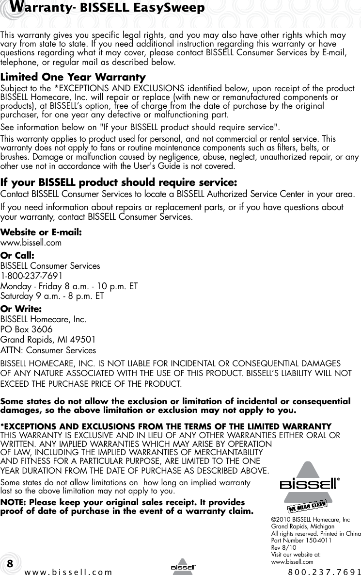 Page 8 of 8 - Bissell Bissell-Easy-Sweep-15D1-Users-Manual-  Bissell-easy-sweep-15d1-users-manual