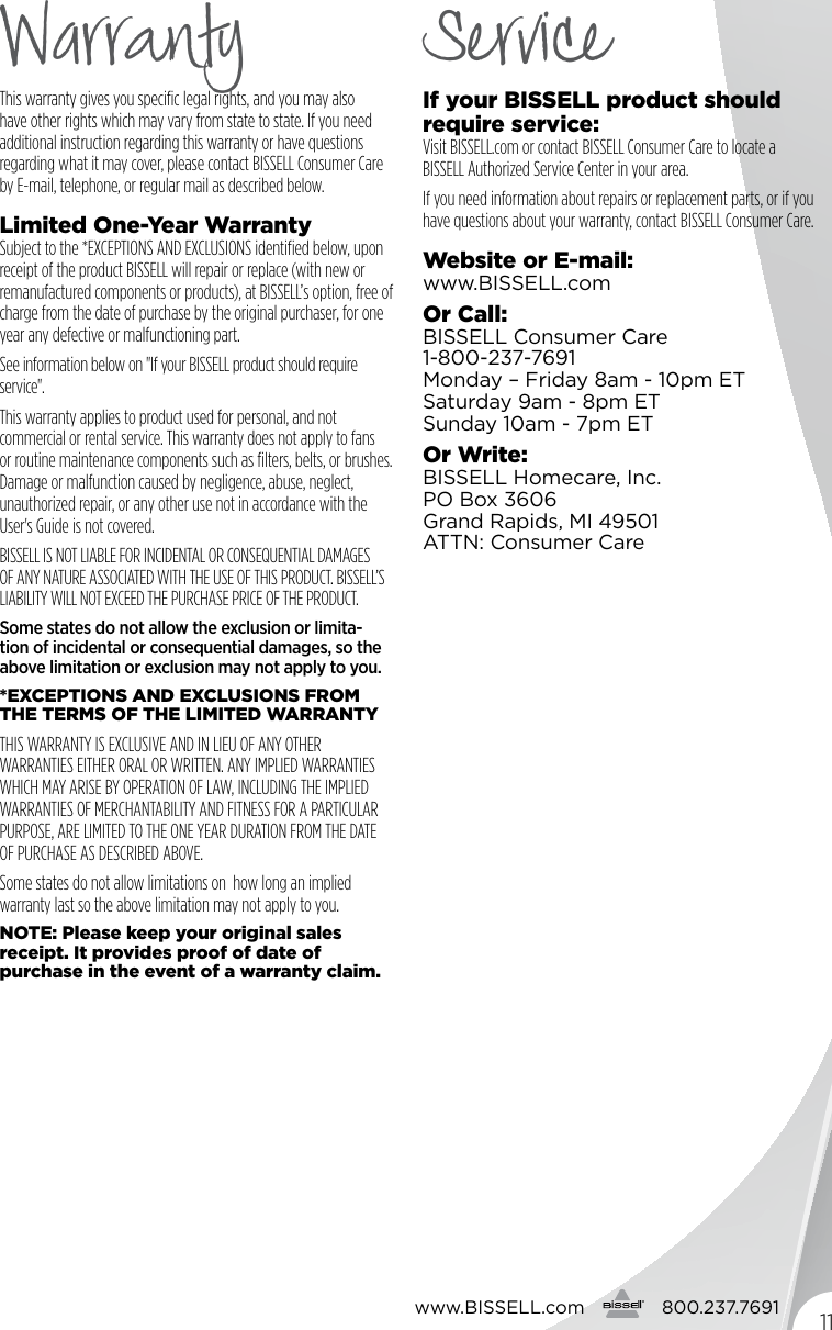 Page 11 of 12 - Bissell Bissell-Lift-Off-2-In-1-Cyclonic-Cordless-Stick-Vac-1189-Owners-Manual