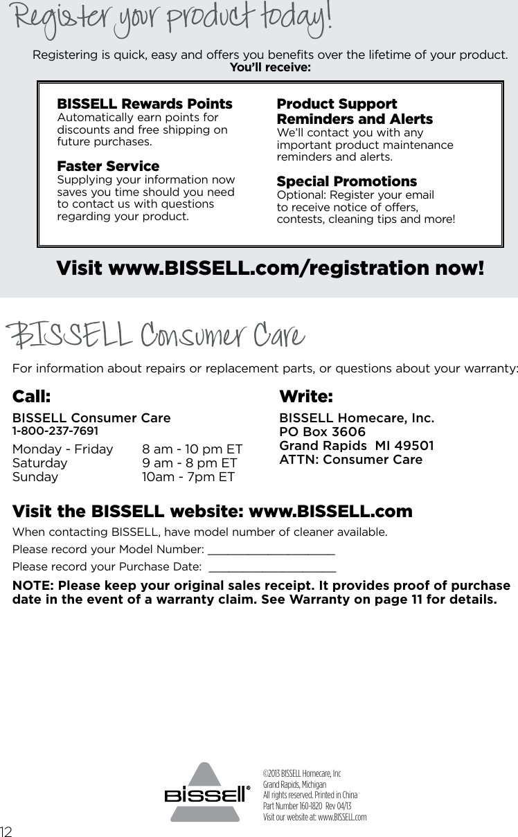 Page 12 of 12 - Bissell Bissell-Lift-Off-2-In-1-Cyclonic-Cordless-Stick-Vac-1189-Owners-Manual